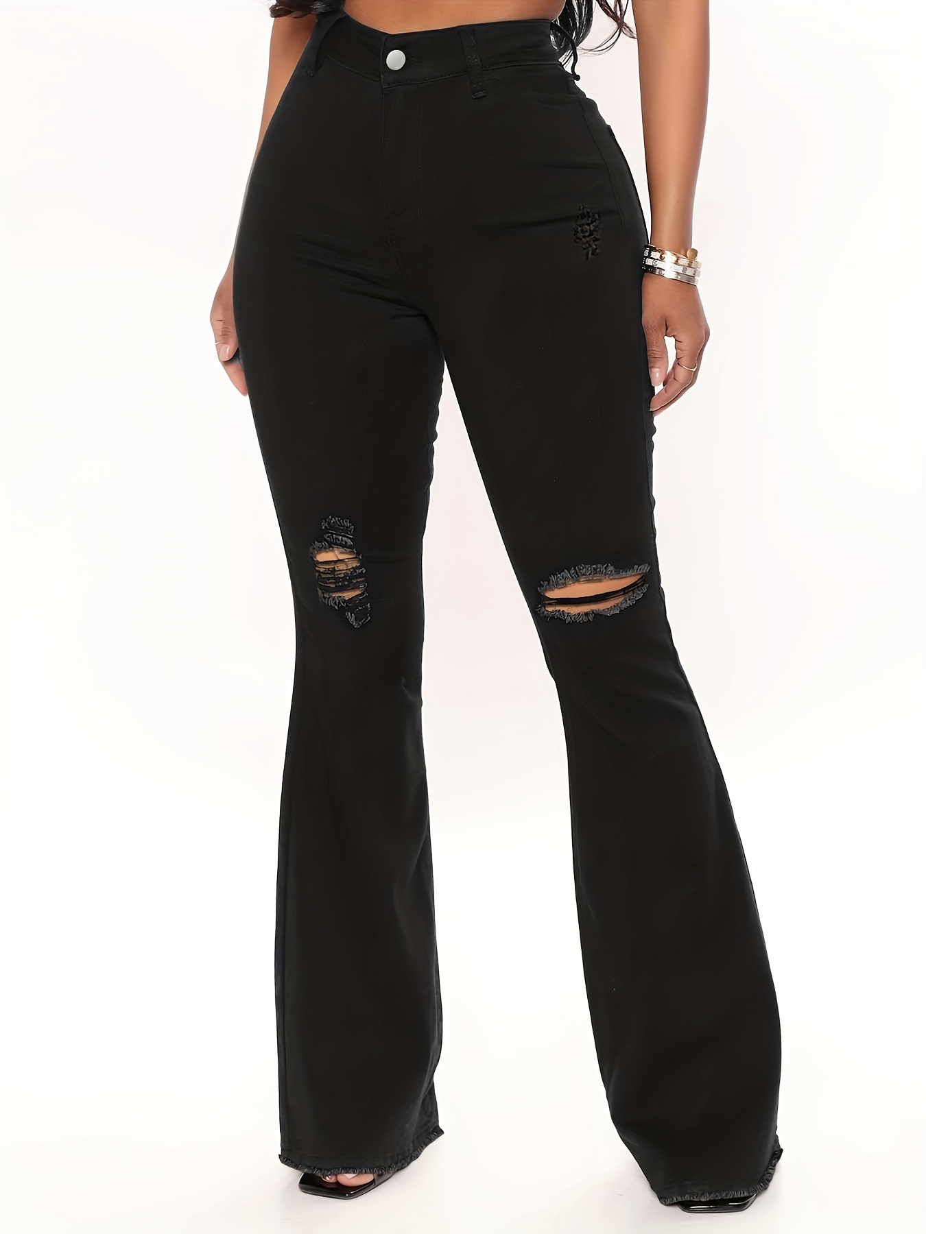Black Ripped Holes Flared Jeans Bell Bottom High Waist Wide - Temu