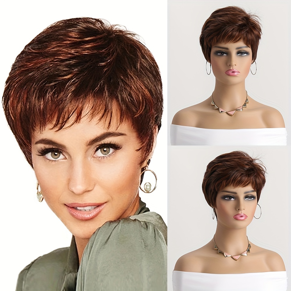 Image of Women's Fashion Fluffy Short Curly Mixed Brown 10-inch Synthetic Fiber Wig With Side Bangs Suitable For Daily Wear, Festive Balls, And Parties
