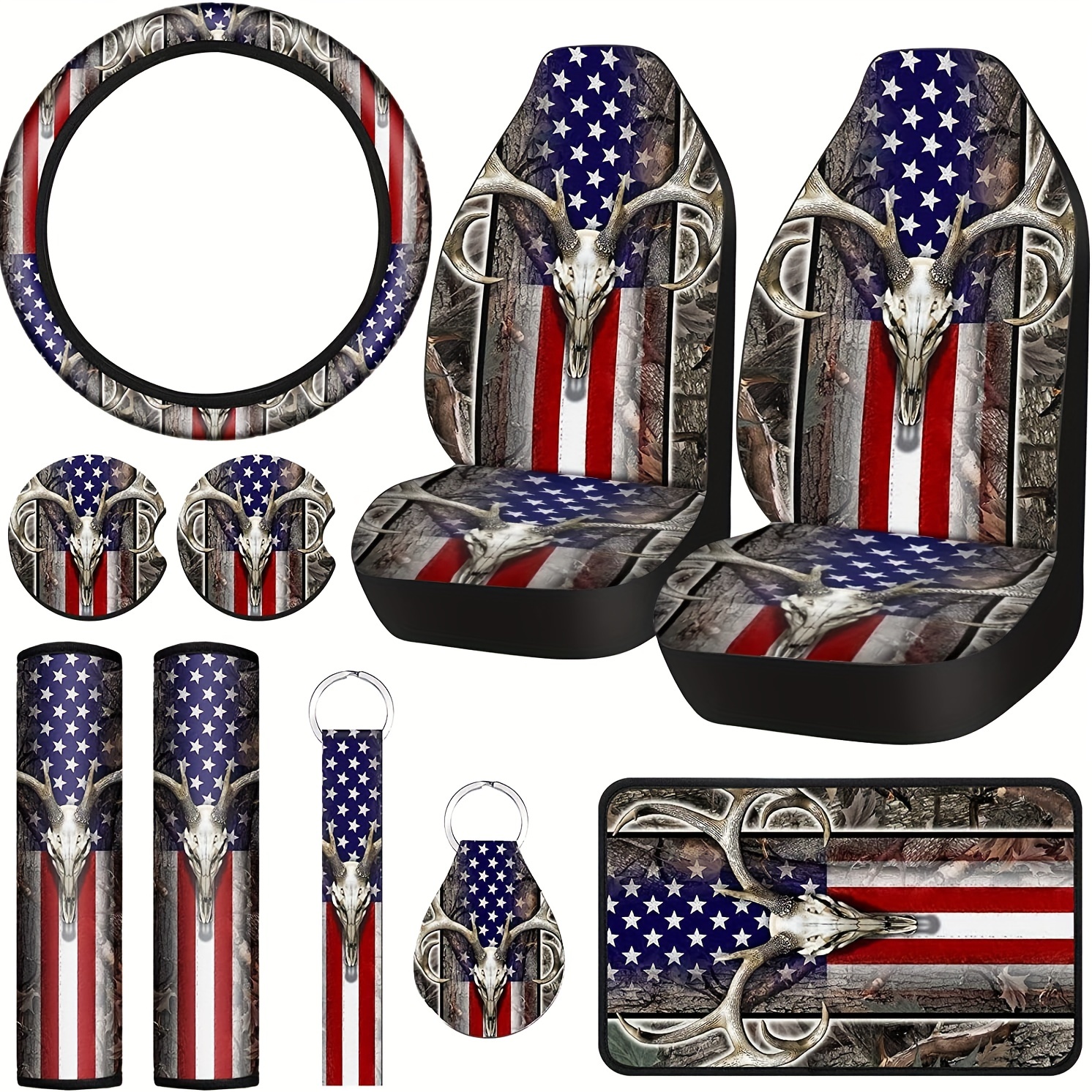 Pzuqiu Patriotic American Flag Car Seat Cover Full Set 4 Piece Hunting Deer  Skull Auto Accessories Truck Bench Protector Front and Back Seat Covers for  SUV Vehicle Interior Decoration Stretchy 
