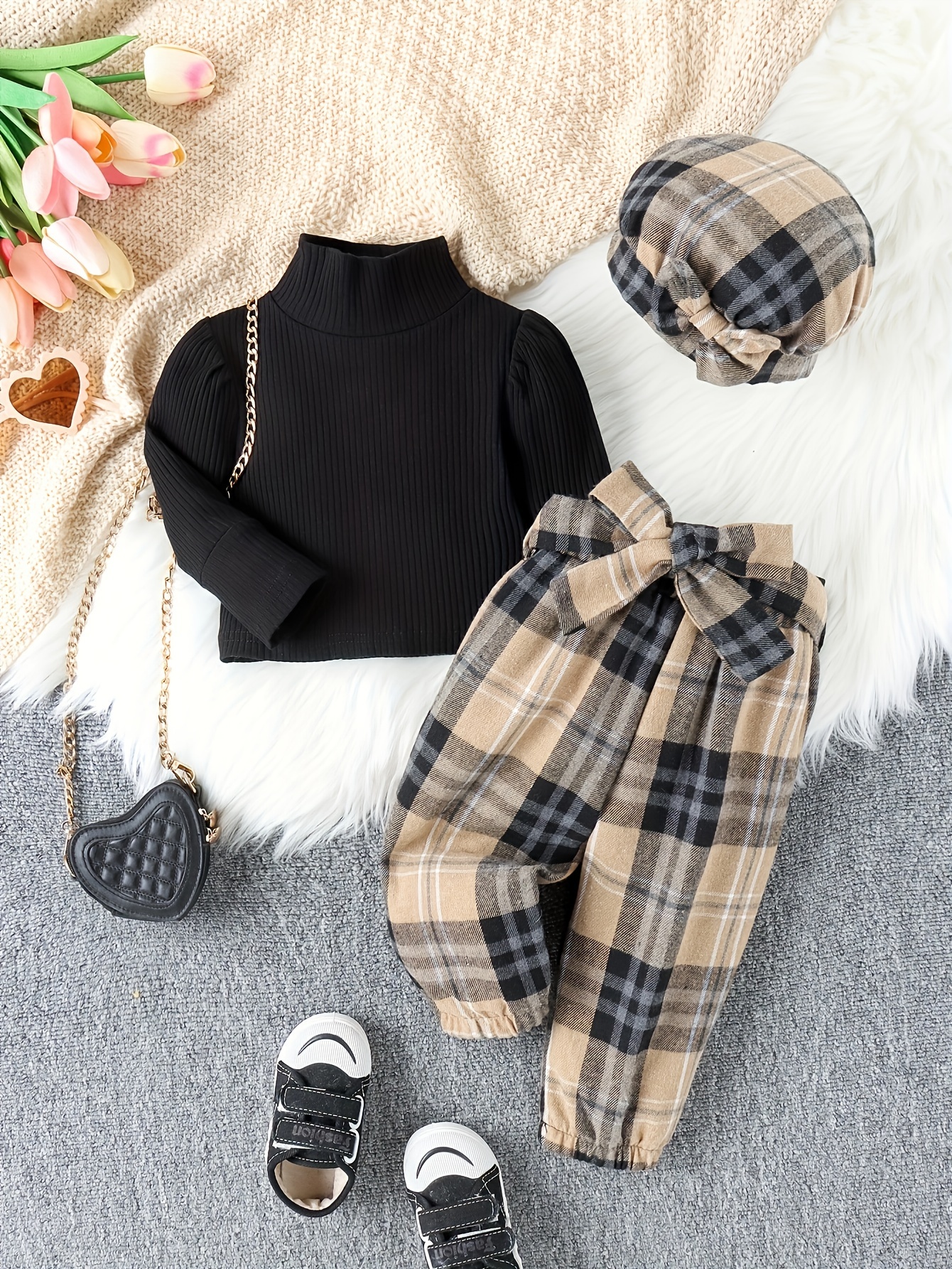 Baby Girl Stylish Casual 5pcs Outfits - Long Sleeve Jumpsuit & Plaid Skirt  & Belt & Hat & Scarf Set, Kids Clothes Autumn And Winter