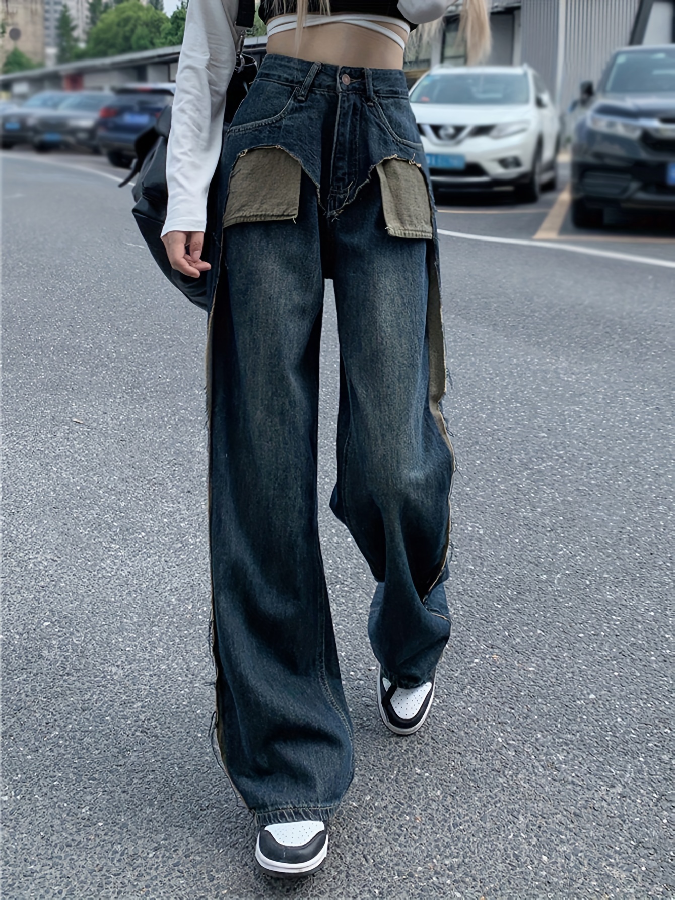 Pantalones cargo de cintura alta para mujer, elásticos, holgados, con  múltiples bolsillos, ajuste relajado, pierna ancha, jeans de moda Y2K