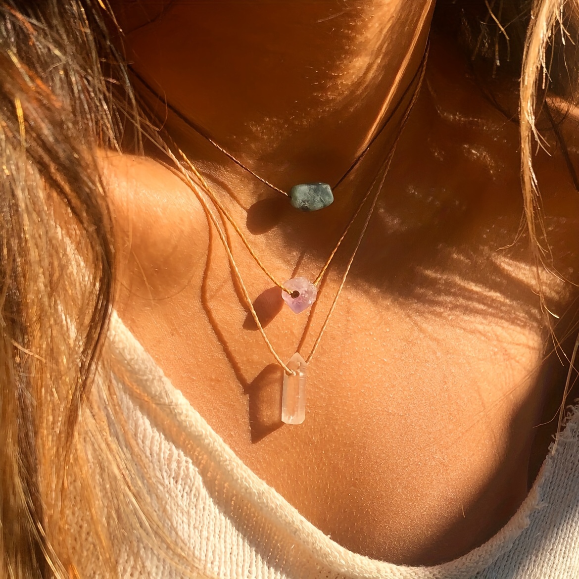 

3pcs/set Personality Natural Irregular Crystal Stone Pendant Adjustable Rope Necklace For Women (natural Stone Presence Color Difference Irregular Shape)