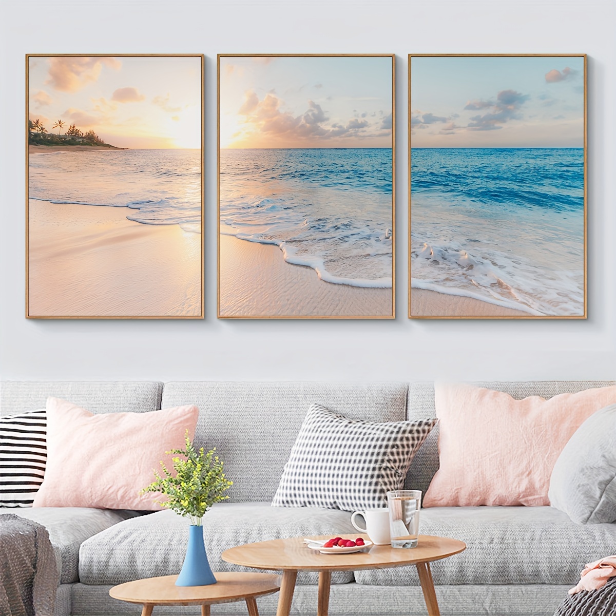 3 Piece Canvas Art Canvas Paintings Art Work 3 Pieces Ocean Wave Sunset  Wall Art Painting Decoration for Living Room Office Bedroom Bathroom Home