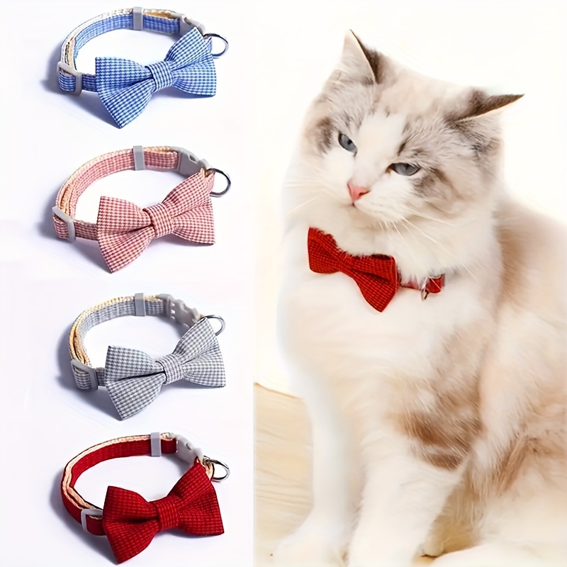 Bow Tie Dog Collar with Bell - Classic Plaid Bandana, Triangle Bibs Scarf Accessories, 2 Pack Pet Hair Bows, for Puppy Cats