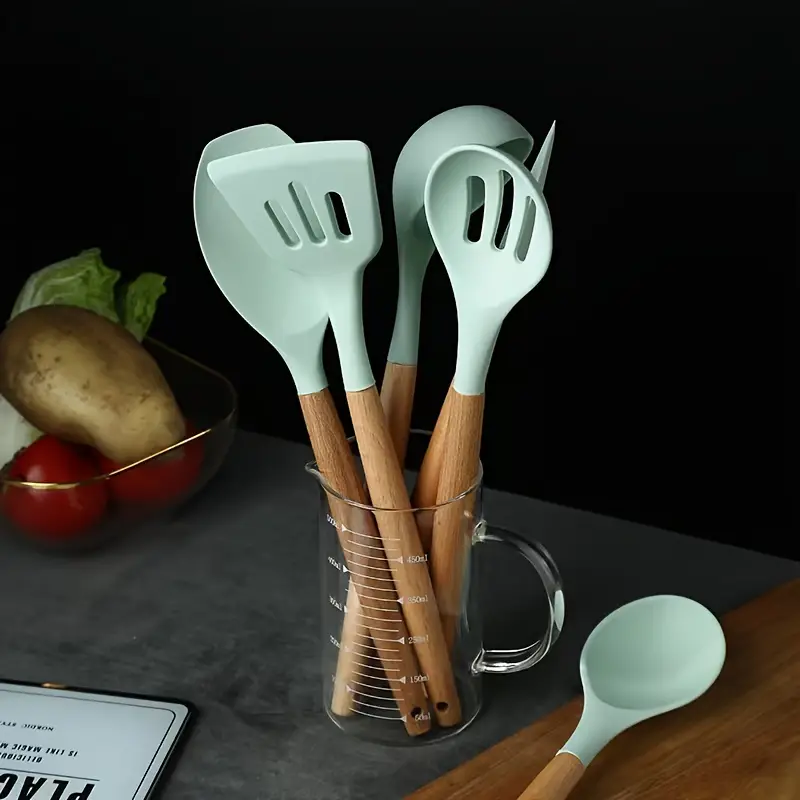 Large Silicone Cooking Utensil - Heat Resistant Kitchen Utensil Set With  Wooden Handle, Spatula, Slotted Spoon, Spaghetti Spatula, Kitchen Gadgets  Set For Nonstick Cookware - Temu