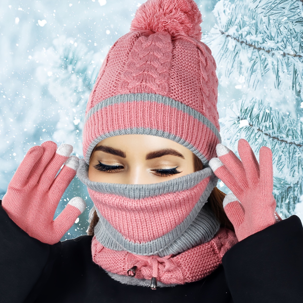 Beanie Hat Scarf and Gloves Set, Womens Winter Warm Knitted Hat Thick Skull Cap 3 in 1 For Cold Weather (Pink)