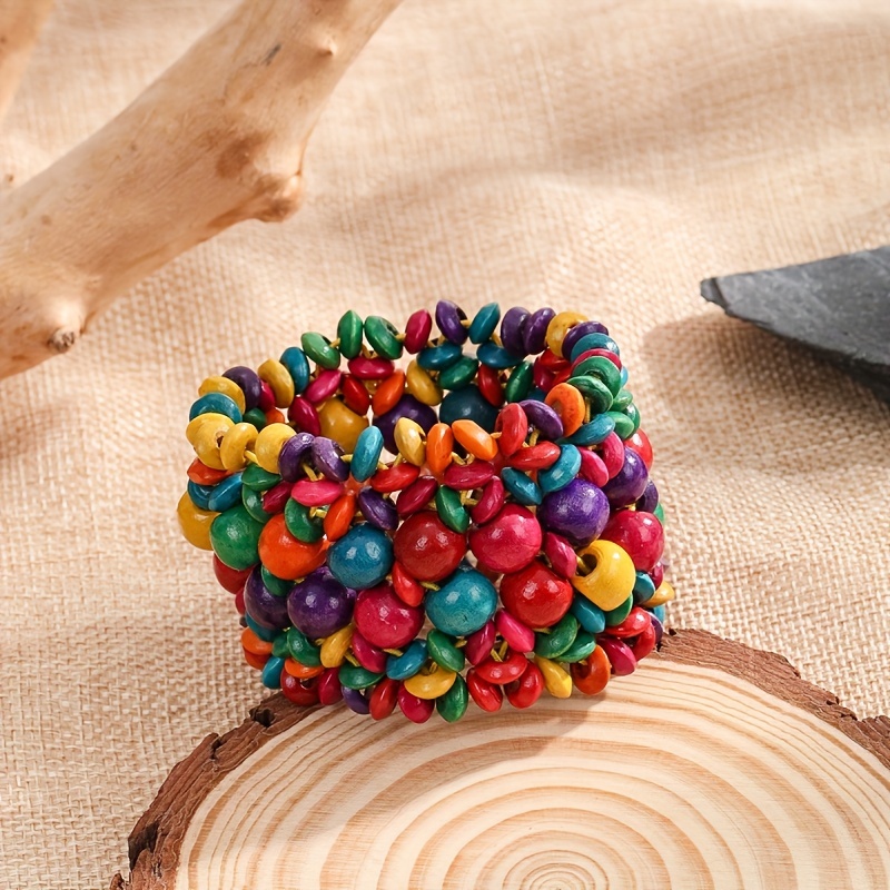 TEMU Handmade Bohemian Beaded Bracelet For Women - Elastic Stretch Wood Beads With Multicolor Beadwork, High-quality Everyday Jewelry For Casual &