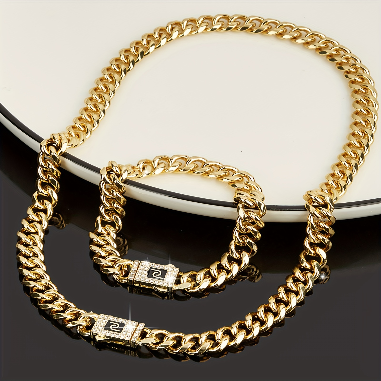 

1 Necklace + 1 Bracelet Hip Hop Style Jewelry Set Trendy Cuban Chain Design Paved Shining Rhinestone Suitable For Men And Women