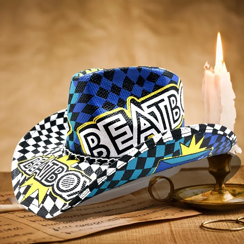 Sombrero De Vaquero Con Grafiti De Hip Hop, Sombrero De Paja Occidental  Transpirable A Cuadros A La Moda, Sombrero De Vaquera Informal Unisex Para  Muj