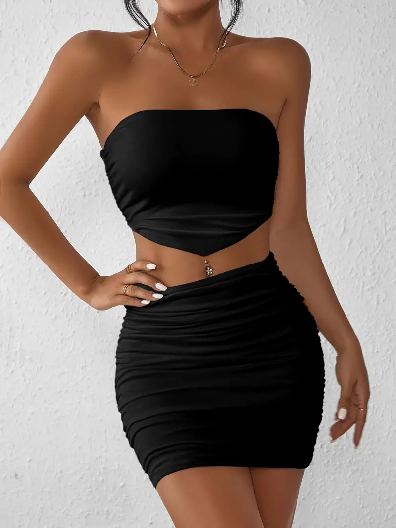 Solid Sexy Two piece Set Ruched Shoulder Tube Top Bag Hip - Temu