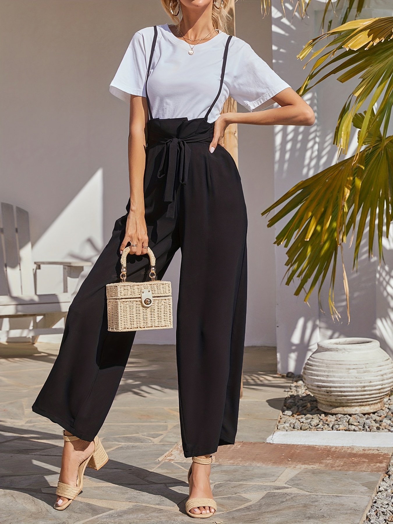 Wide Leg Pants, High Waisted Loose Fit Comfy Belted Lounge Trousers With  Pockets, Women's Clothings