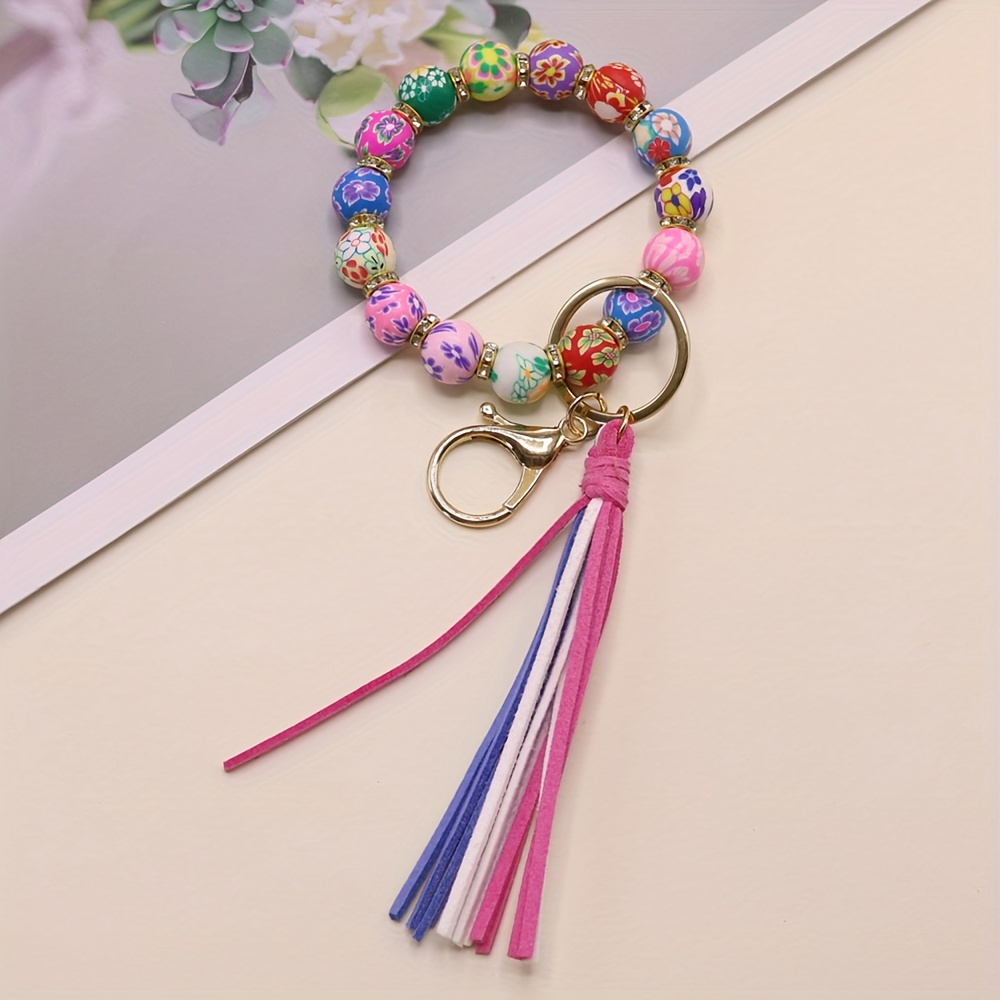 Acrylic Beads Wristlet Keychain With Woolen Tassel Bag - Temu