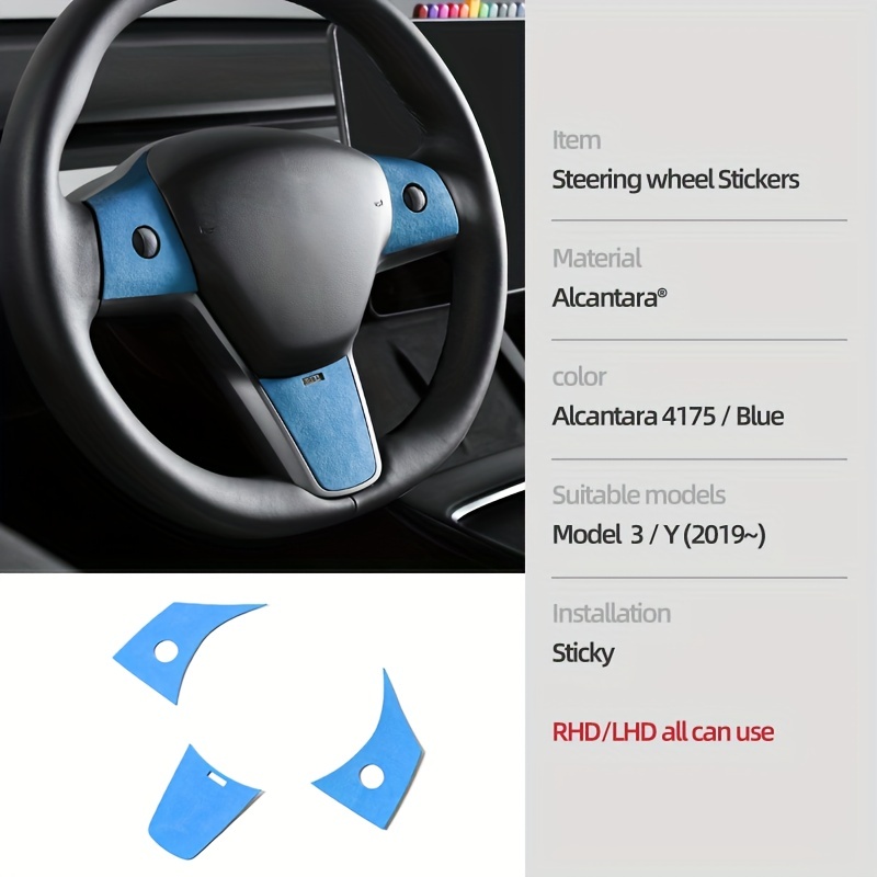  Alcantara - Adhesivo para volante de automóvil, antideslizante,  para volver a las calcomanías estándar para Tesla Model 3, Y S (azul  naranja) : Automotriz