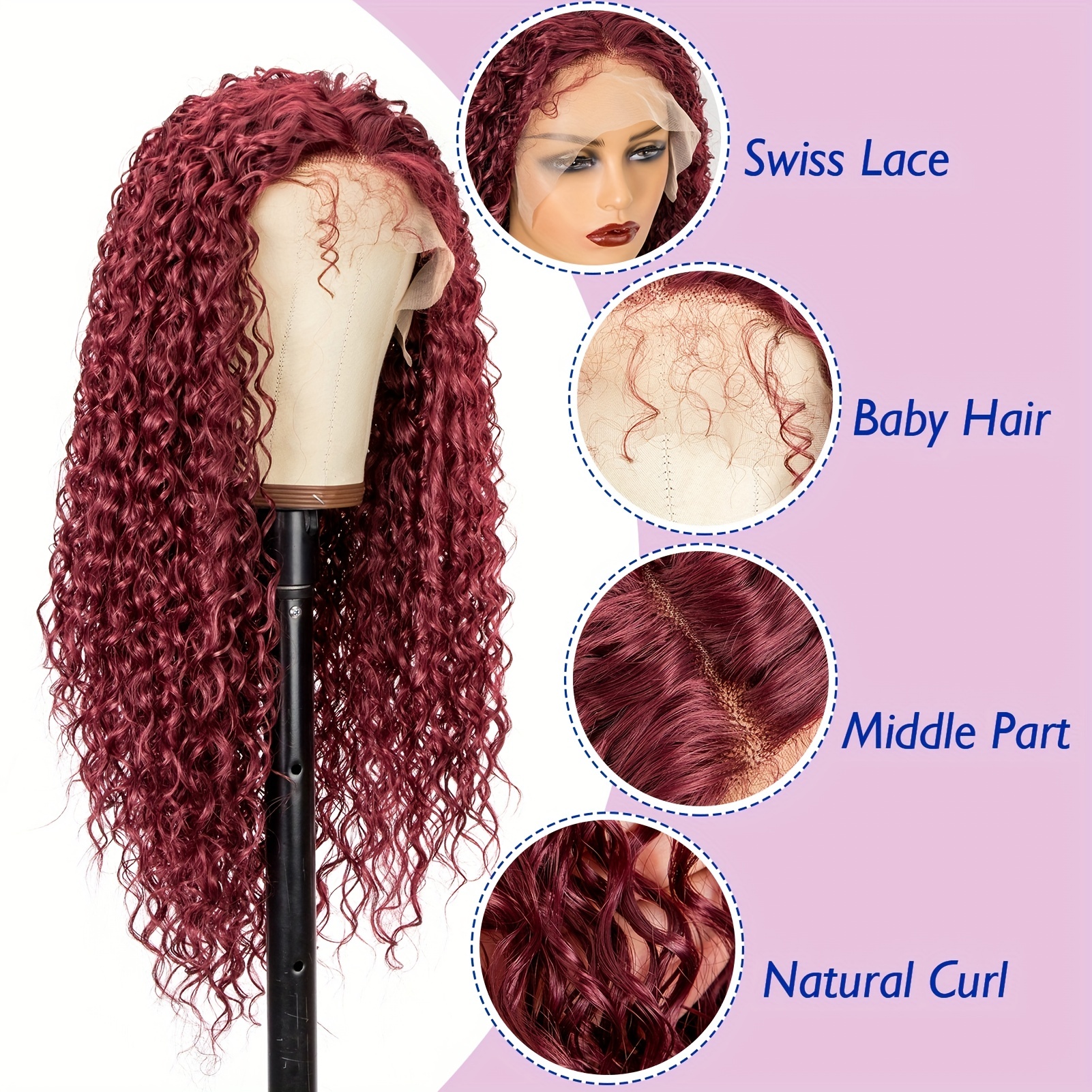 Chemical Fiber Long Middle Part Burgundy Curly Hair Temu