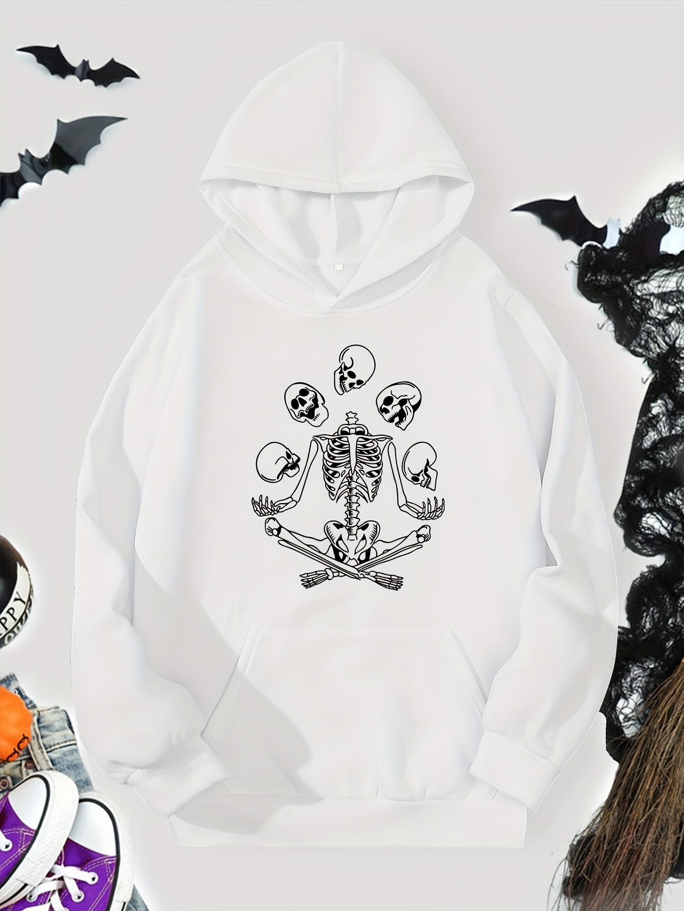 Skeleton Print Loose Drawstring Hoodie, Casual Long Sleeve Street Hoodies  Sweatshirt, Women's Clothing