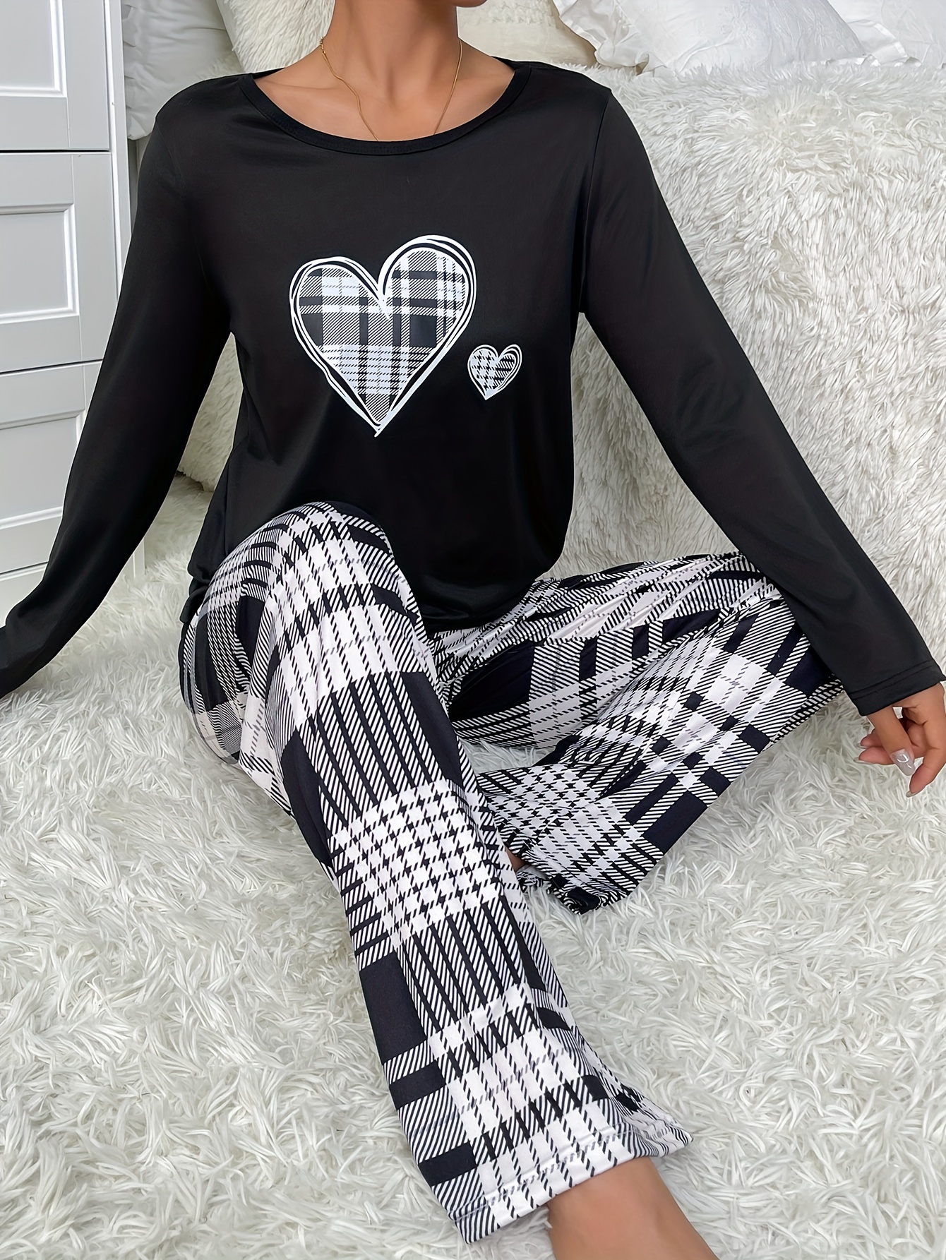 Cute Heart Print Matching Two piece Set Casual Long Sleeve T - Temu