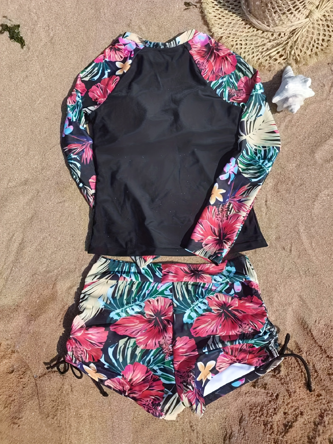 Tropical Plant Print Drawstring Rush Guard Tankini Short - Temu