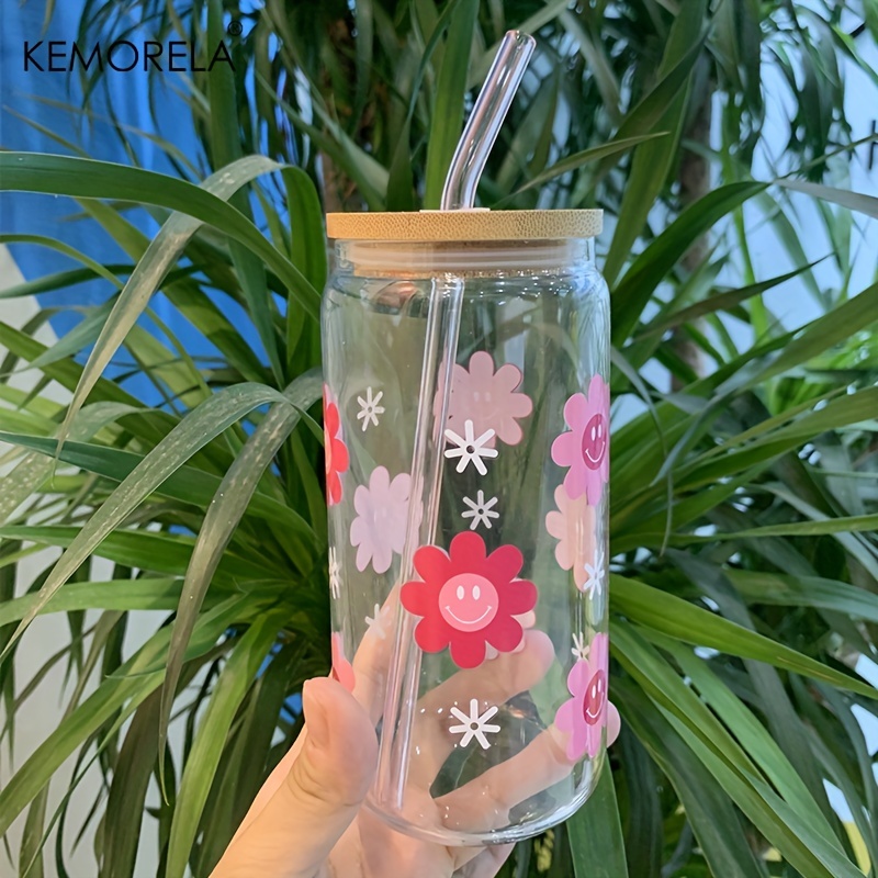 Boho Floral Iced Coffee Glass Cup with Bamboo Lid and Straw | 16oz Beer Can  Glass with Lids and Straw | Can Shaped Glass Soda Can Cup | Glass Tumbler