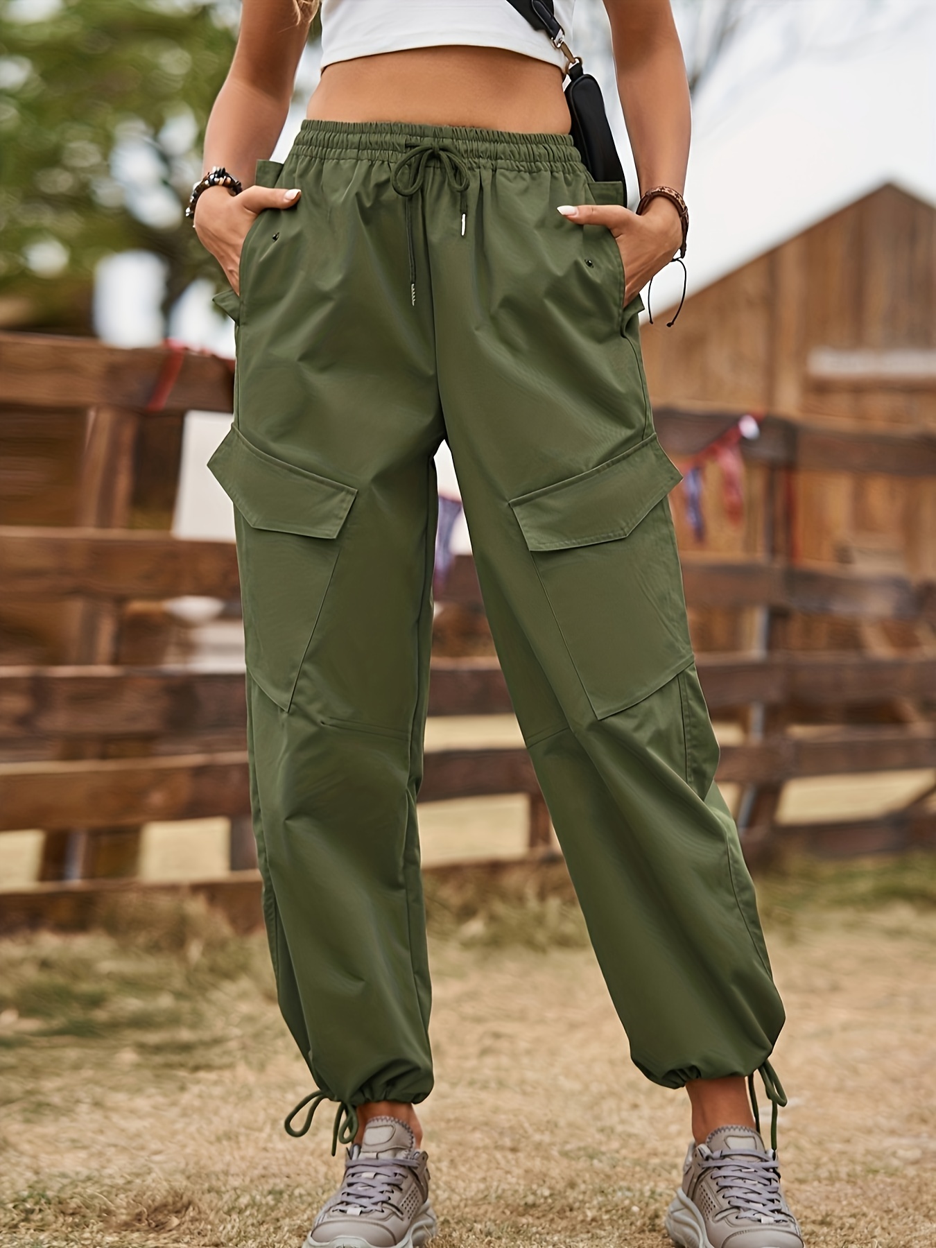 YUBBI Women pants Flap Pocket Drawstring Waist Cargo Pants (Color : Army  Green, Size : S): Buy Online at Best Price in UAE 