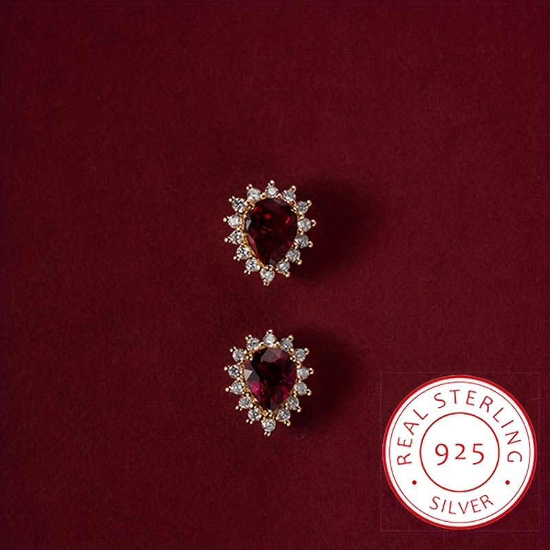 

Sterling 925 Silver Hypoallergenic Ear Jewelry Droplet Shape Red Zircon Decor Stud Earrings Elegant Style Banquet Ear Ornaments