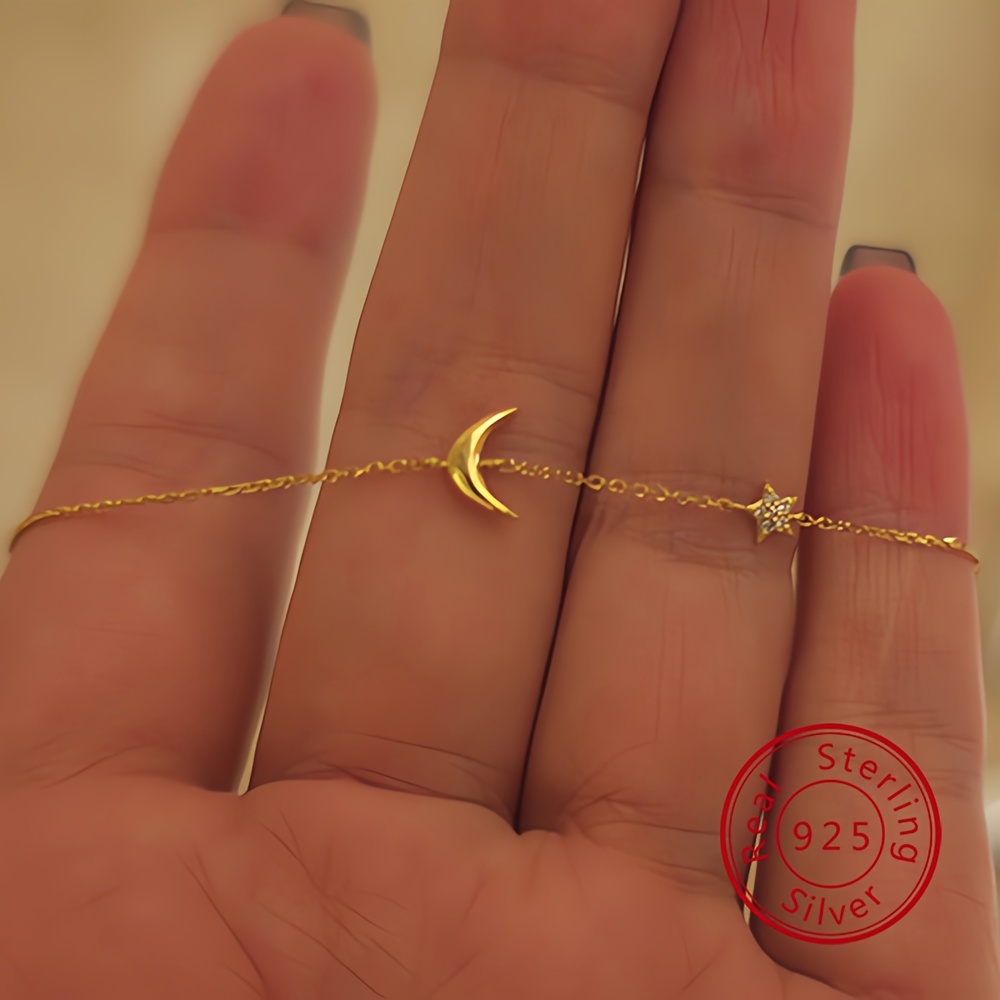 

925 Sterling Silver Elegant Cute Moon Star Thin Chain Bracelet Minimalist Statement Daily Wear Gift Valentine's Day Jewelry Gift For Eid, Ramadan
