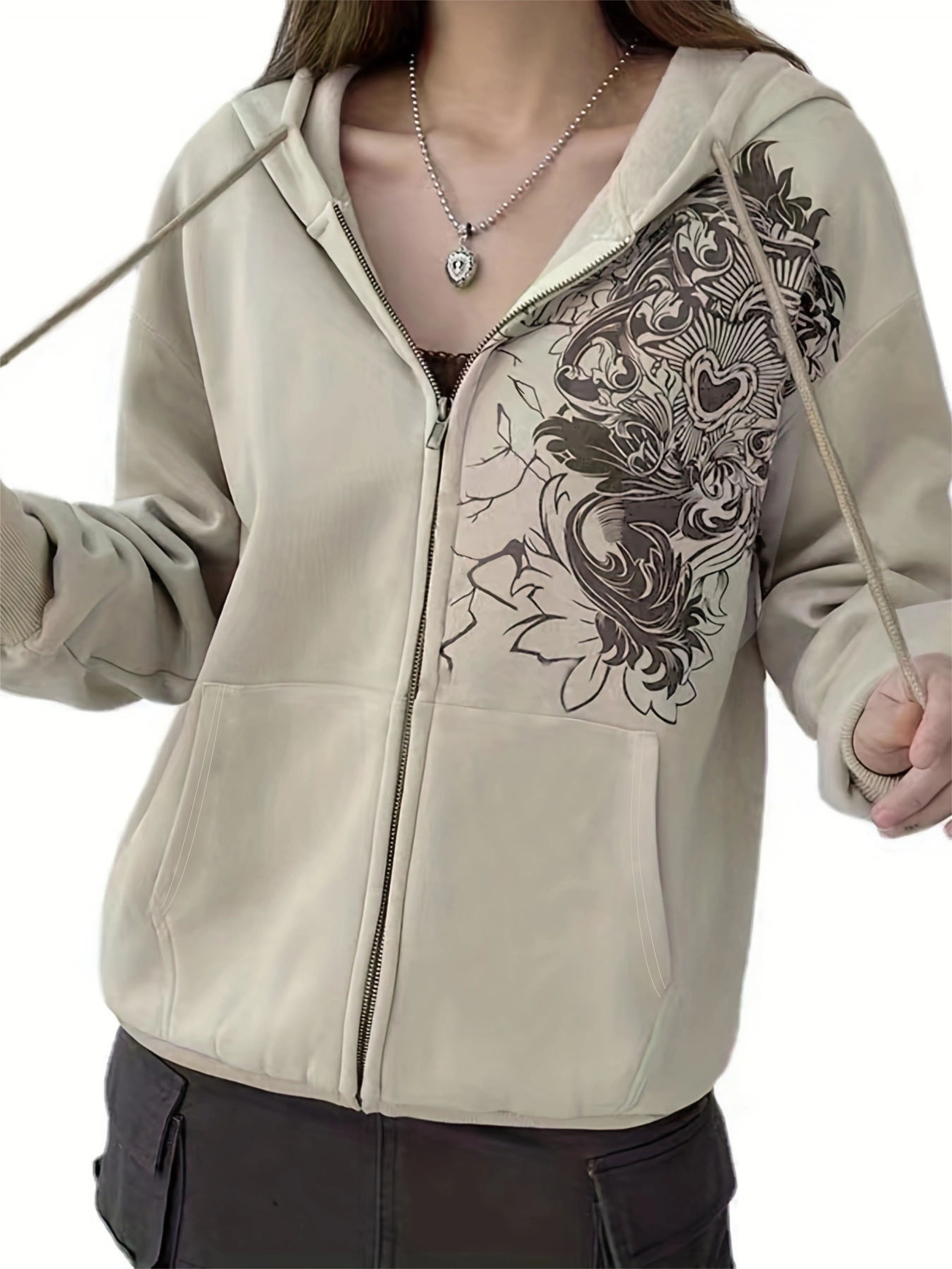 Graphic Print Zip Up Pocket Hoodie, Y2K Long Sleeve Drawstring Hoodies  Sweatshirt, Women's Clothing