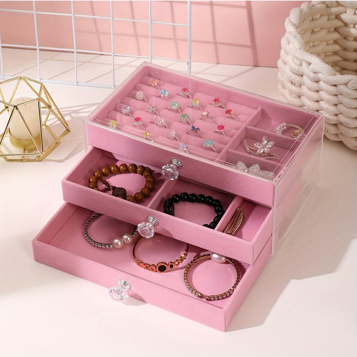 Dajasan Cajas de joyería para mujeres y niñas, caja organizadora de joyas,  3 capas, organizador de almacenamiento de joyas para aretes, anillos