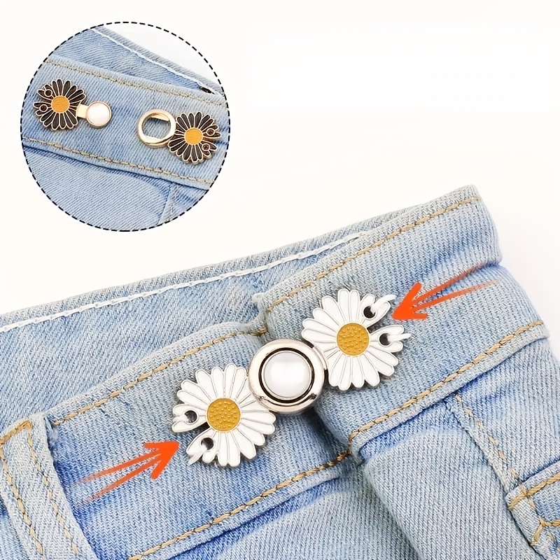 2 Pairs Daisy Adjustable Waist Buckle for Pants, Instant Jean Button Pins  Pants Size Adjuster Hook