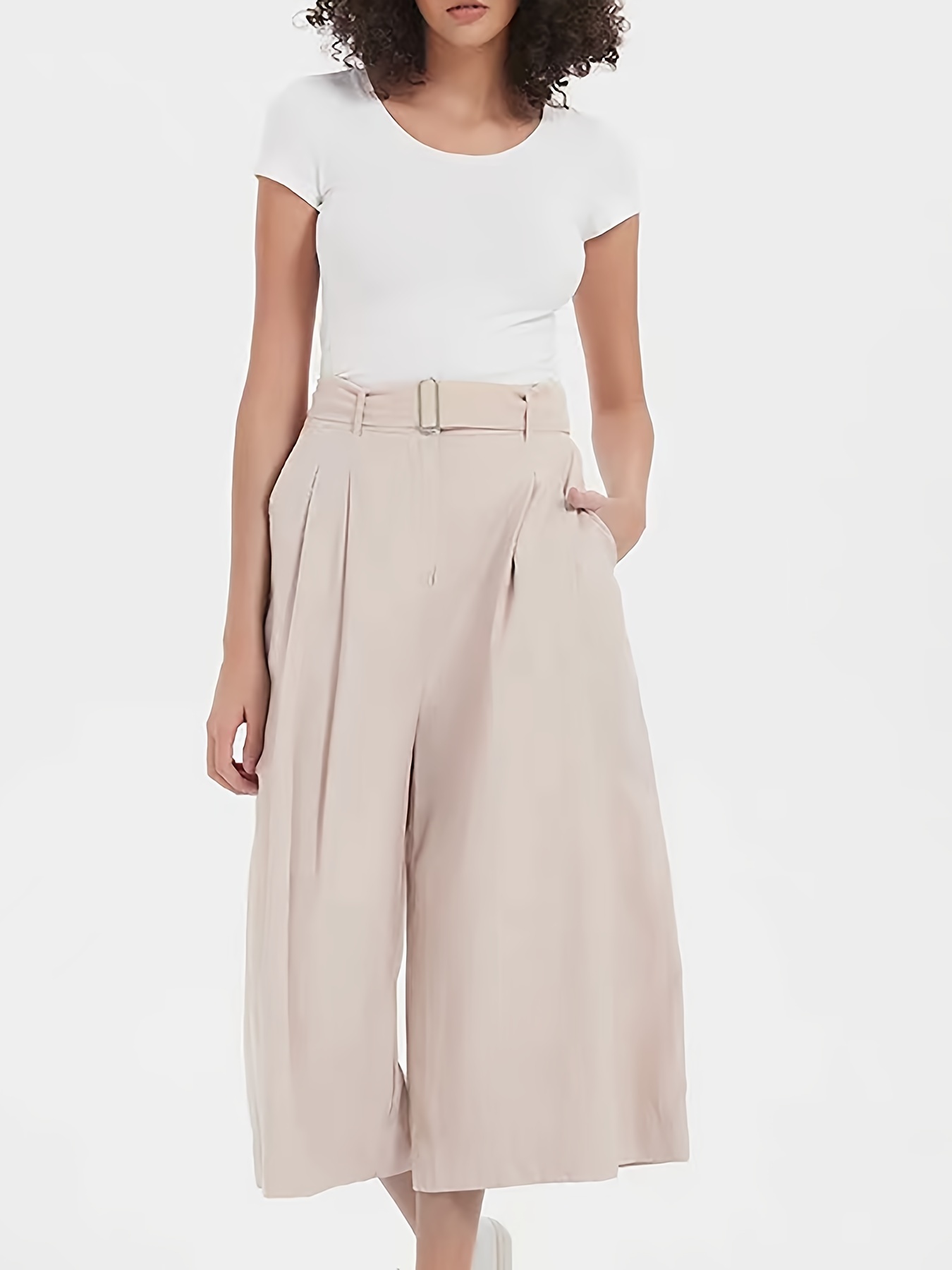Pleated Cropped Wide Leg Pants, Casual Loose Pocket Belted Pants, Women's  Clothing