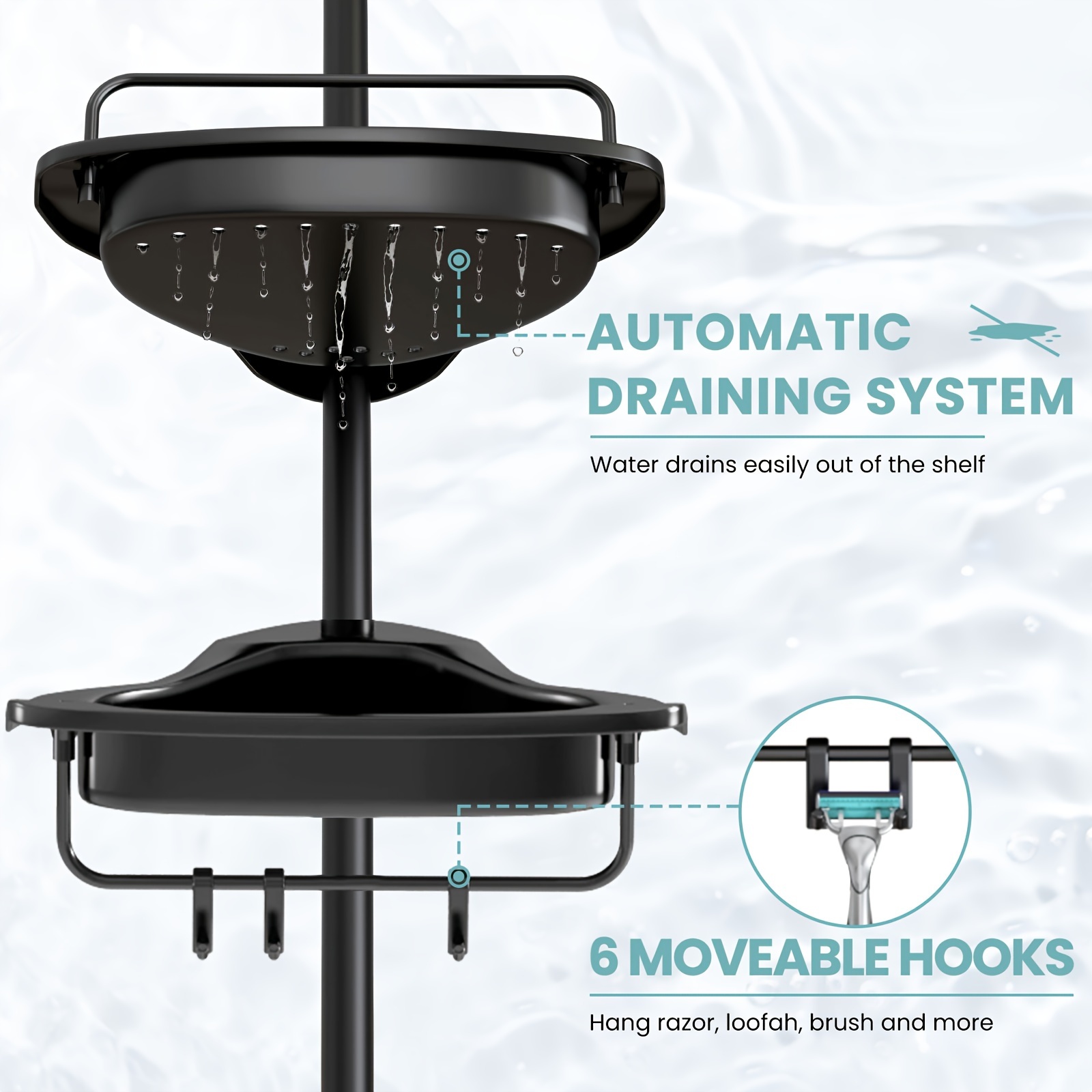 Odporny na rdzę plastikowy narożny kosz prysznicowy do organizowania i przechowywania szamponu i akcesoriów w łazience lub wannie, z regulowaną czteropiętrową półką z teleskopowym prętem, rozciągającym się od 56 do 289,56 cm.