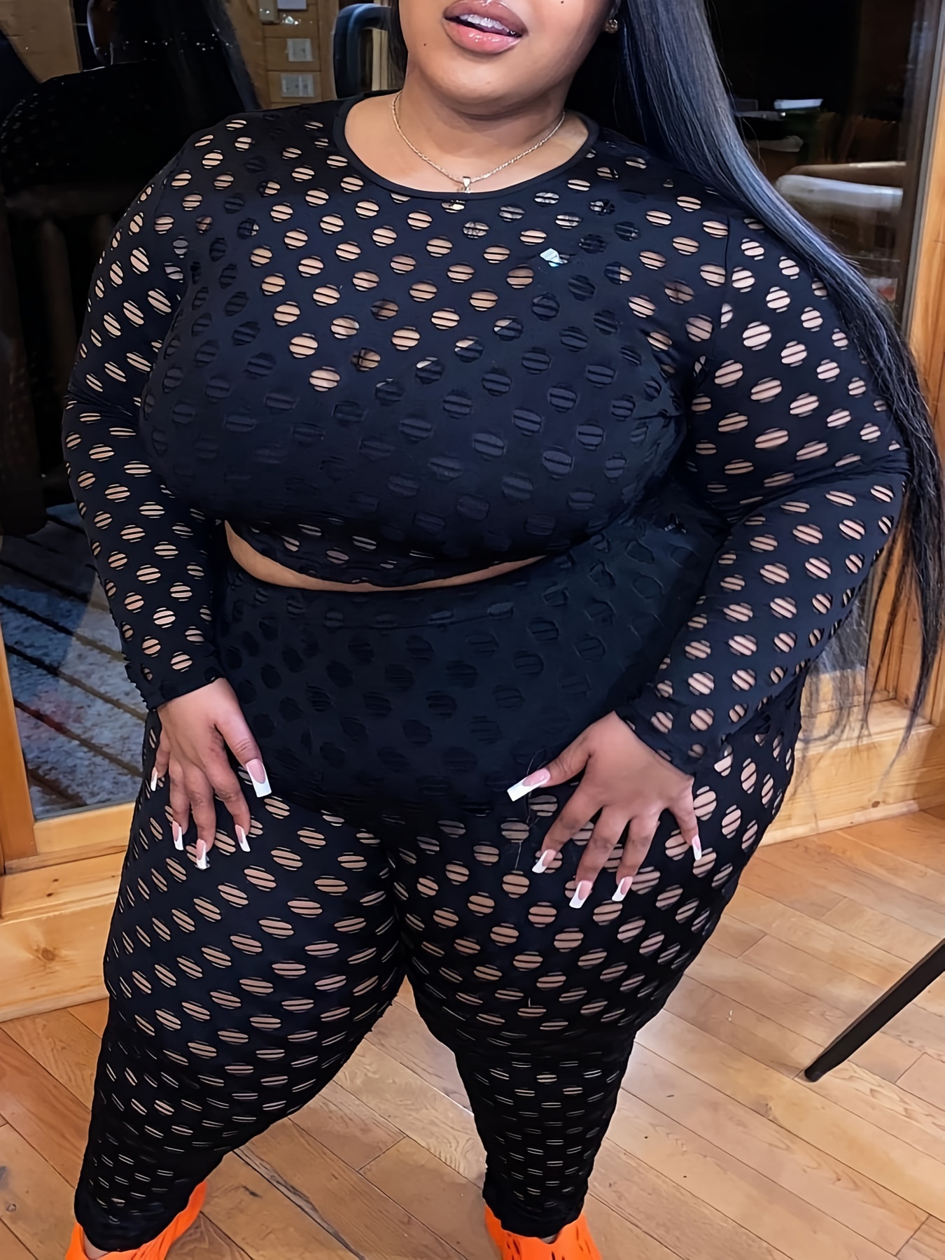 Plus Size Fishnet Two piece Set Cut Long Sleeve Top Pants - Temu