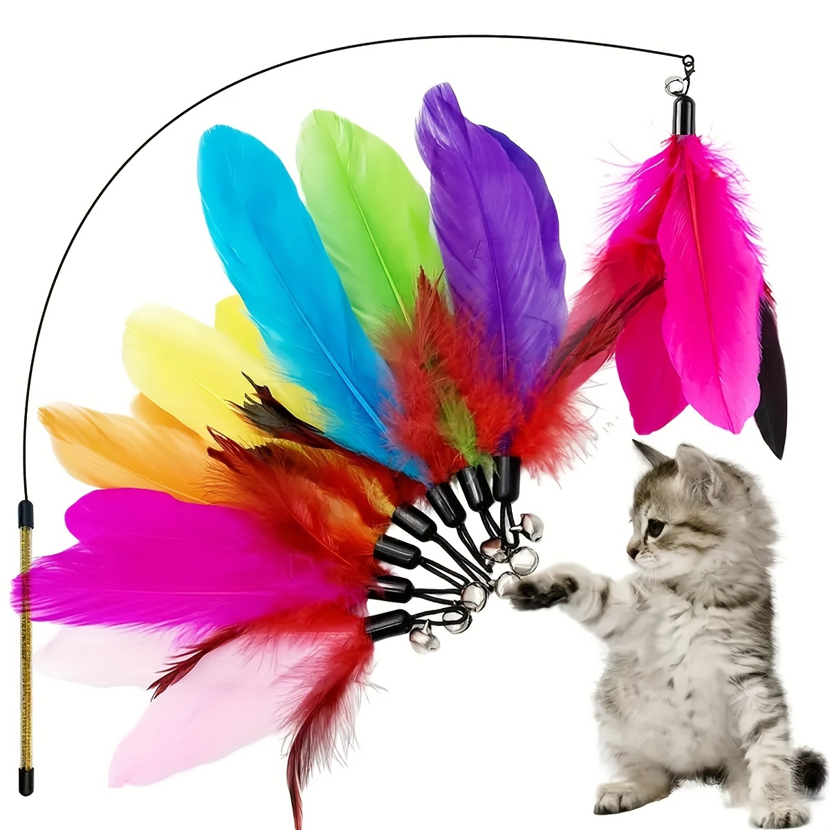  Cat Toys Feathers Wand, Interactive Cat Toy Kitten Toys 2  Retractable Cat Wand Toy and 7 Feather Teaser Refills with bells,  Telescopic Cat Fishing Pole Toy for Indoor Bored Cats