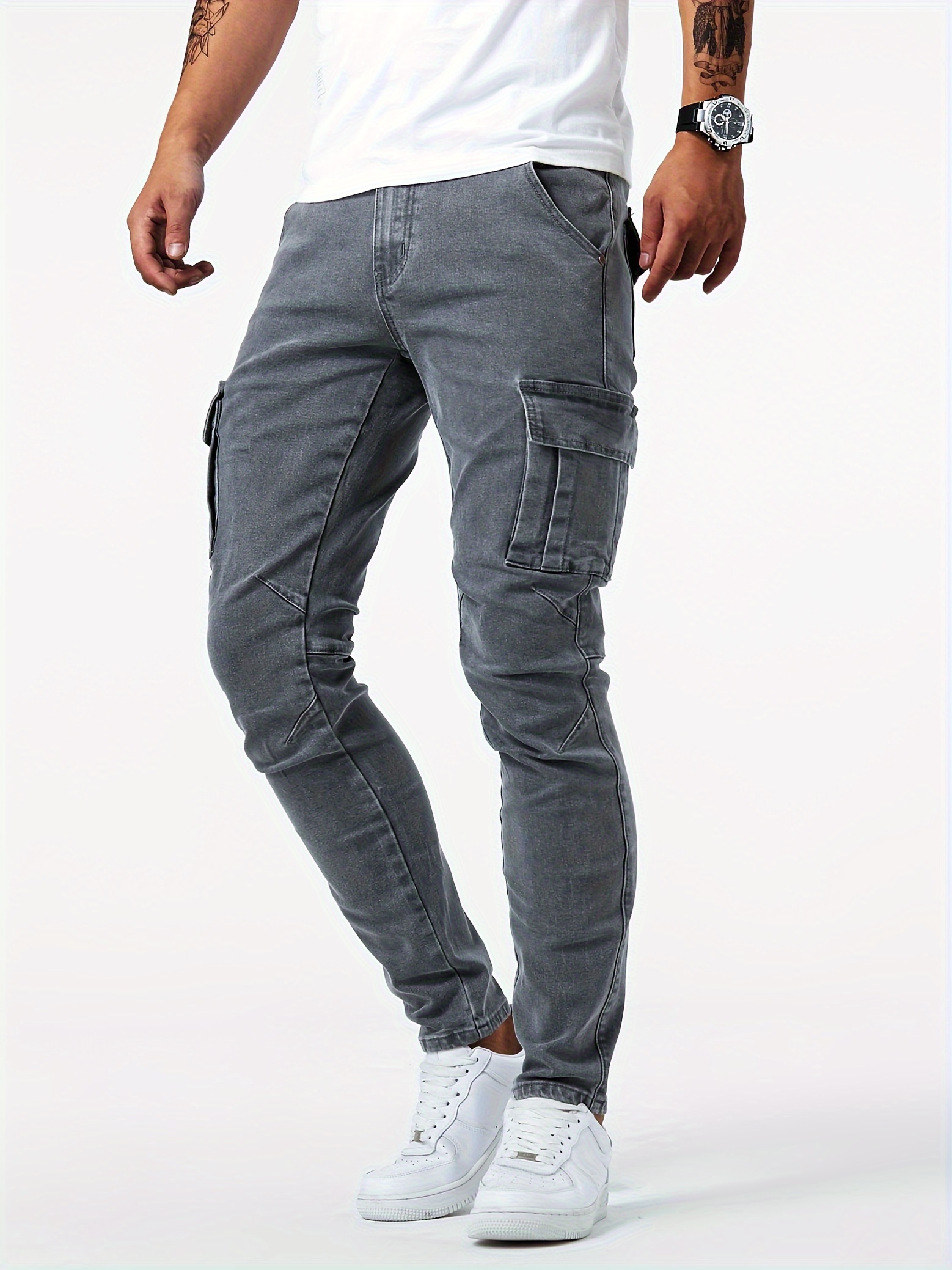 Moda Elastic Cargo Jeans Men Stretch Multi-pocket Skinny Jeans