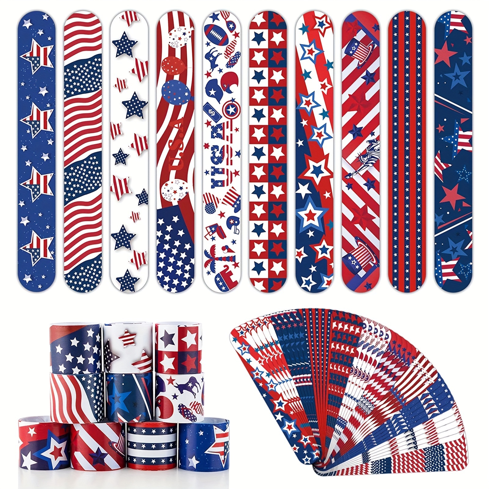 Patriotic Slap Bracelets for Kids, Set of 12, Stars and Stripes