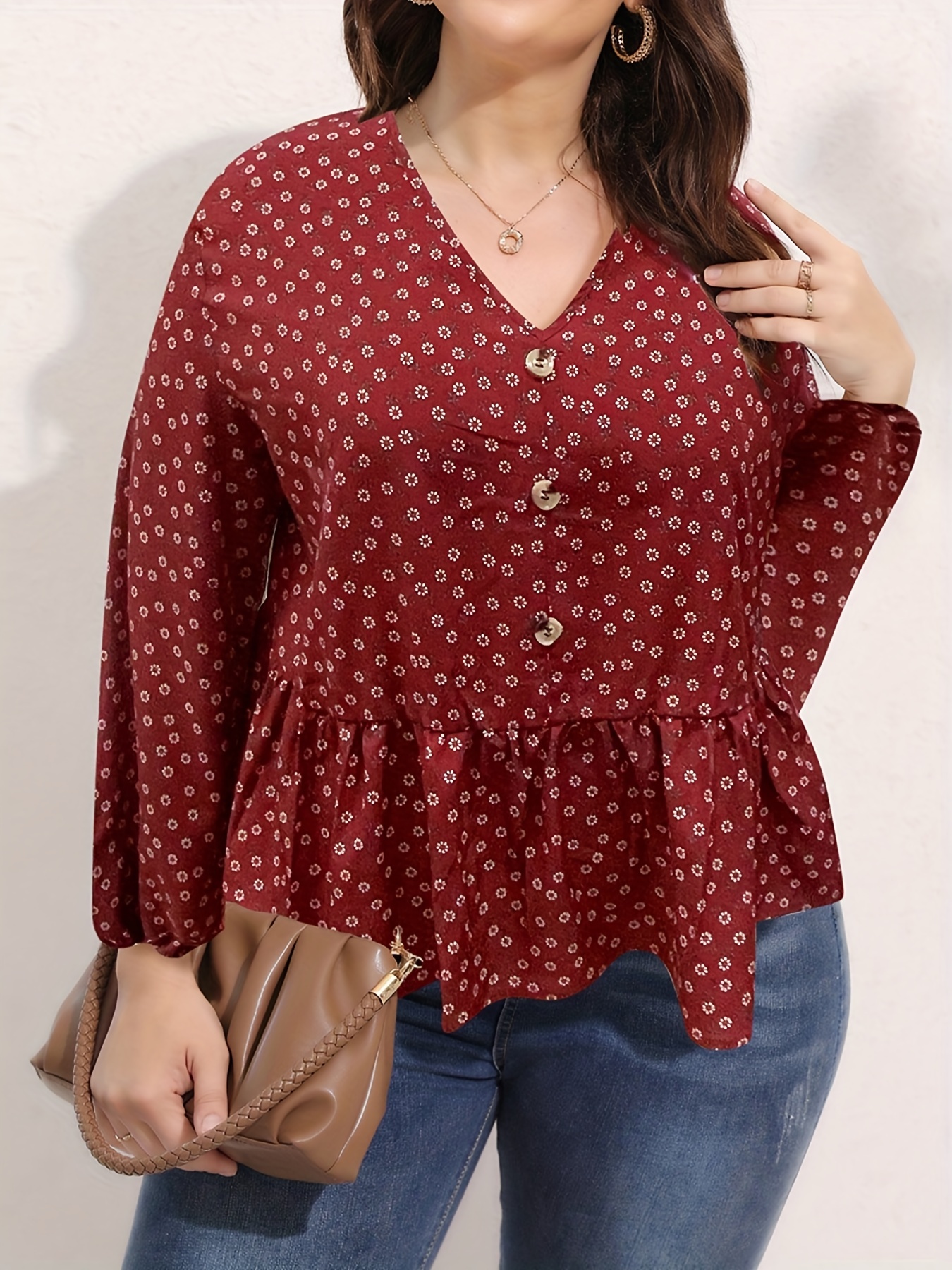 Plus Size Casual Top, Blusa Peplum Plus Size com Mangas Flutuantes e Decote  em V com Estampa Floral - Temu Portugal