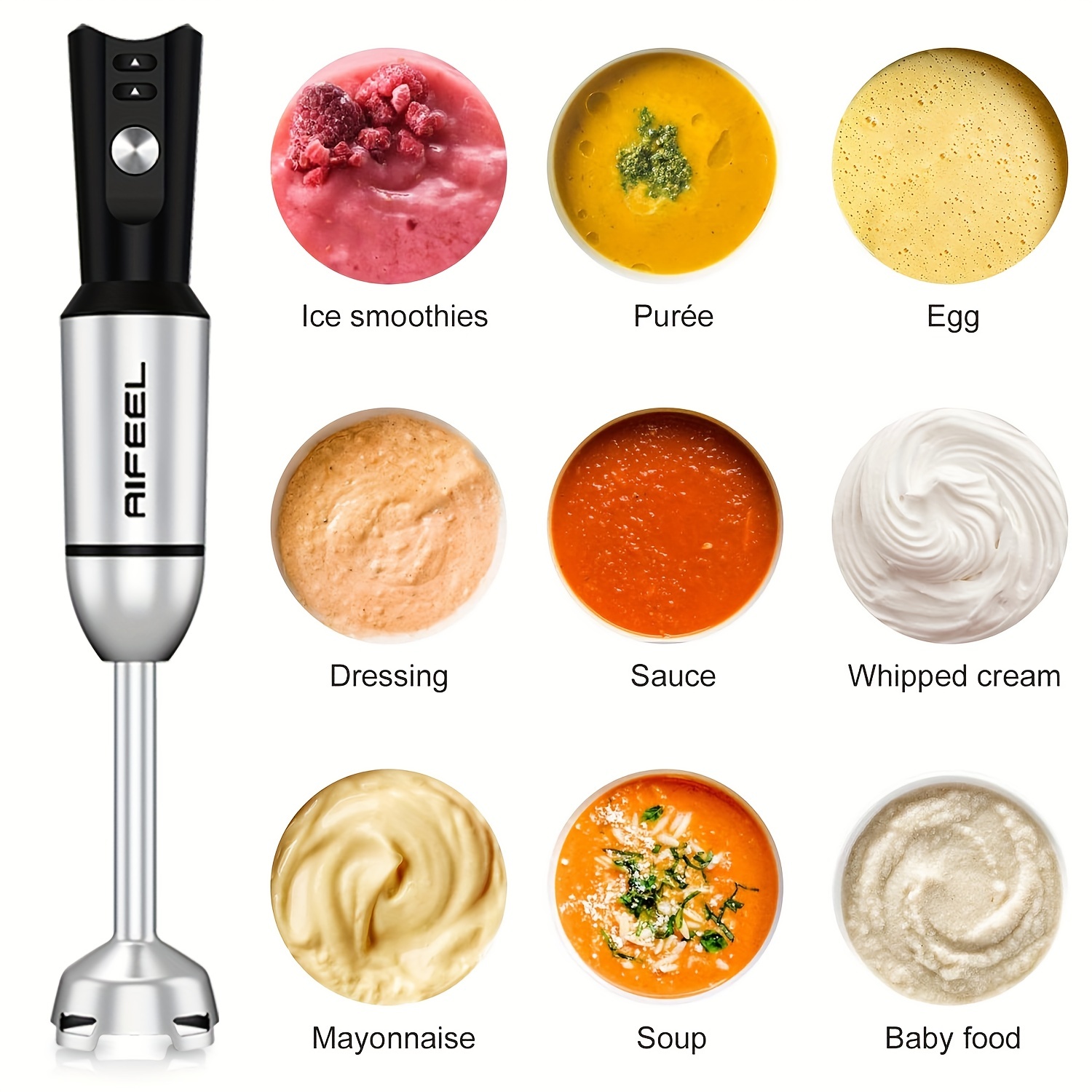 AIFEEL Immersion Hand Blender,Handheld Stick Blender with Ice  Chopper,Stainless Steel Whisk and Milk Frother for Smoothie, Baby Food,  Sauces,Puree