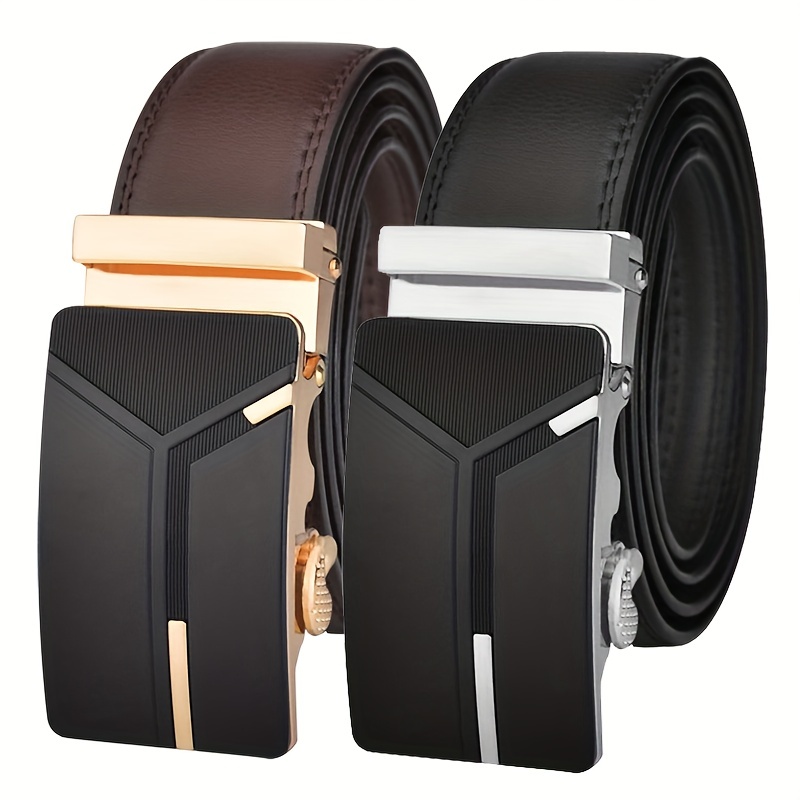 Leisure Brown Genuine Leather Mens Belts Automatic Buckles Ratchet