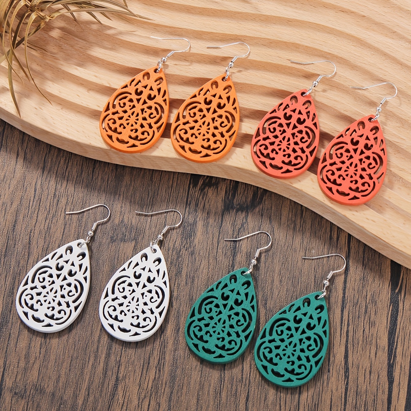 Bohemian Leaf Shaped Dangle Earrings Set of 4 Pairs