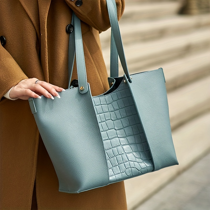 Women's Elegant Tote Bag, Crocodile Embossed Shoulder Bag, Solid