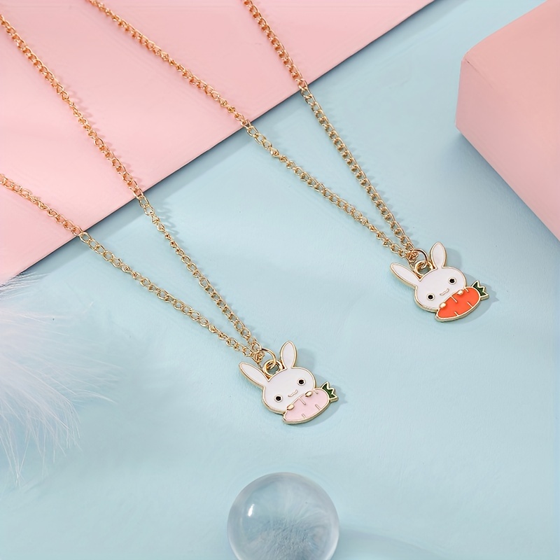 2 Pcs/set Girls' Cute Animal Themed Rabbit Design Pink Zinc Alloy Drop Oil Magnet  Necklaces, Suitable For Daily Wear