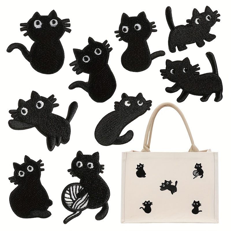 

9pcs Little Black Cat Iron-on Style Cloth Patches For Girls, Clothing Coat Accessories