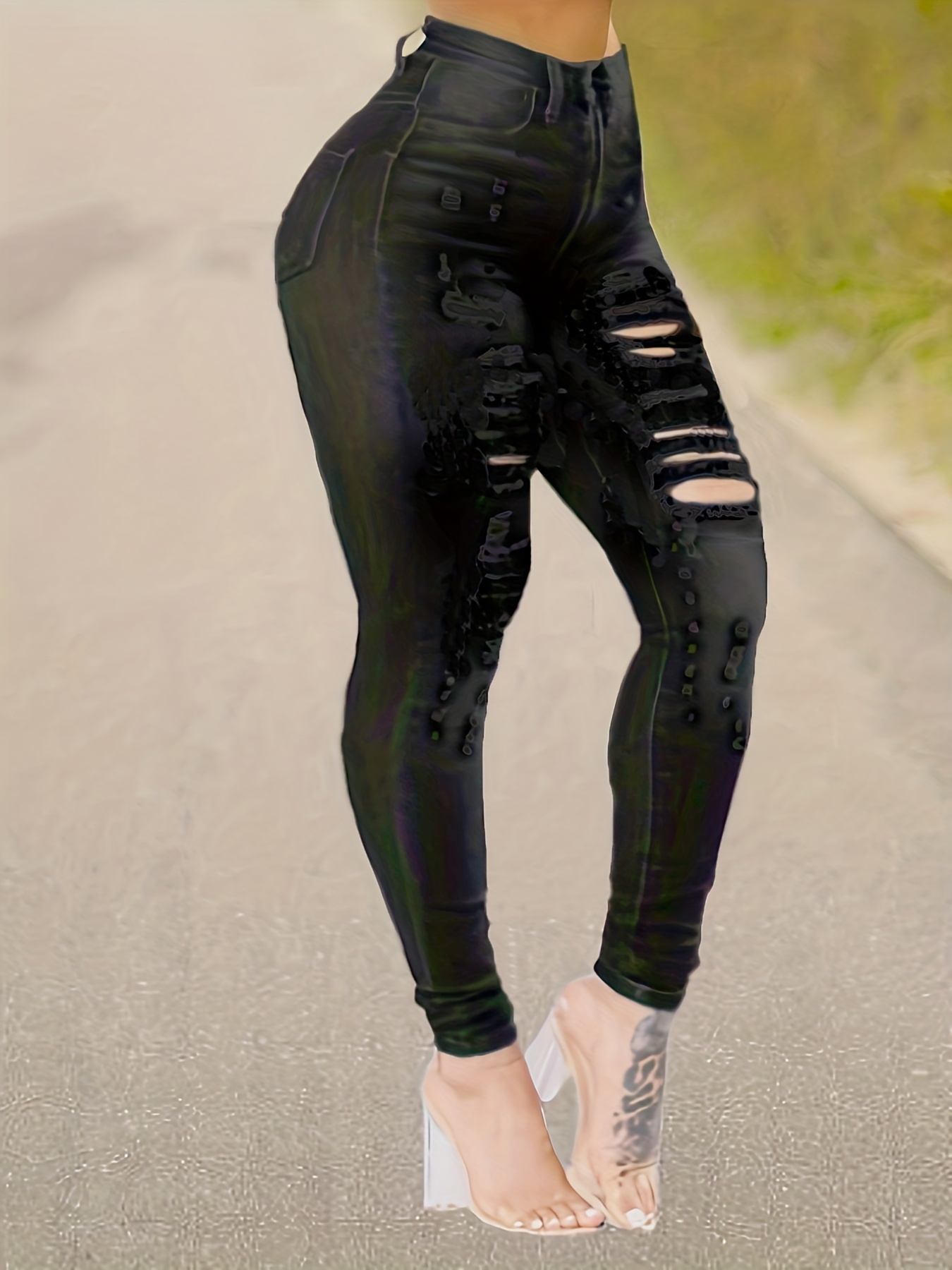 Women's Black Ripped Skinny Jeans Ripped Holes Skinny Jeans - Temu United  Arab Emirates