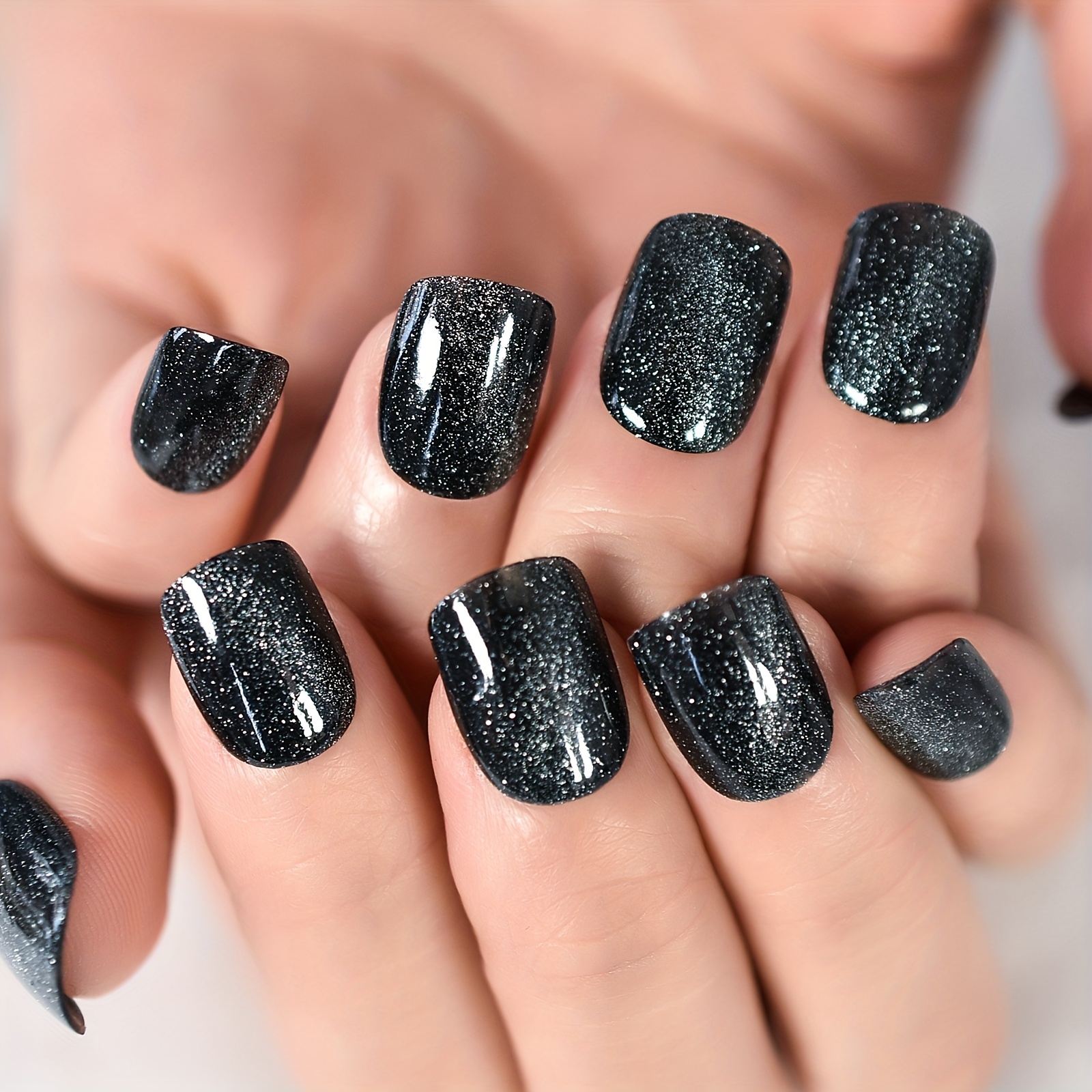 Starry Sky Black Glitter Press On Nails Glossy Full Cover - Temu