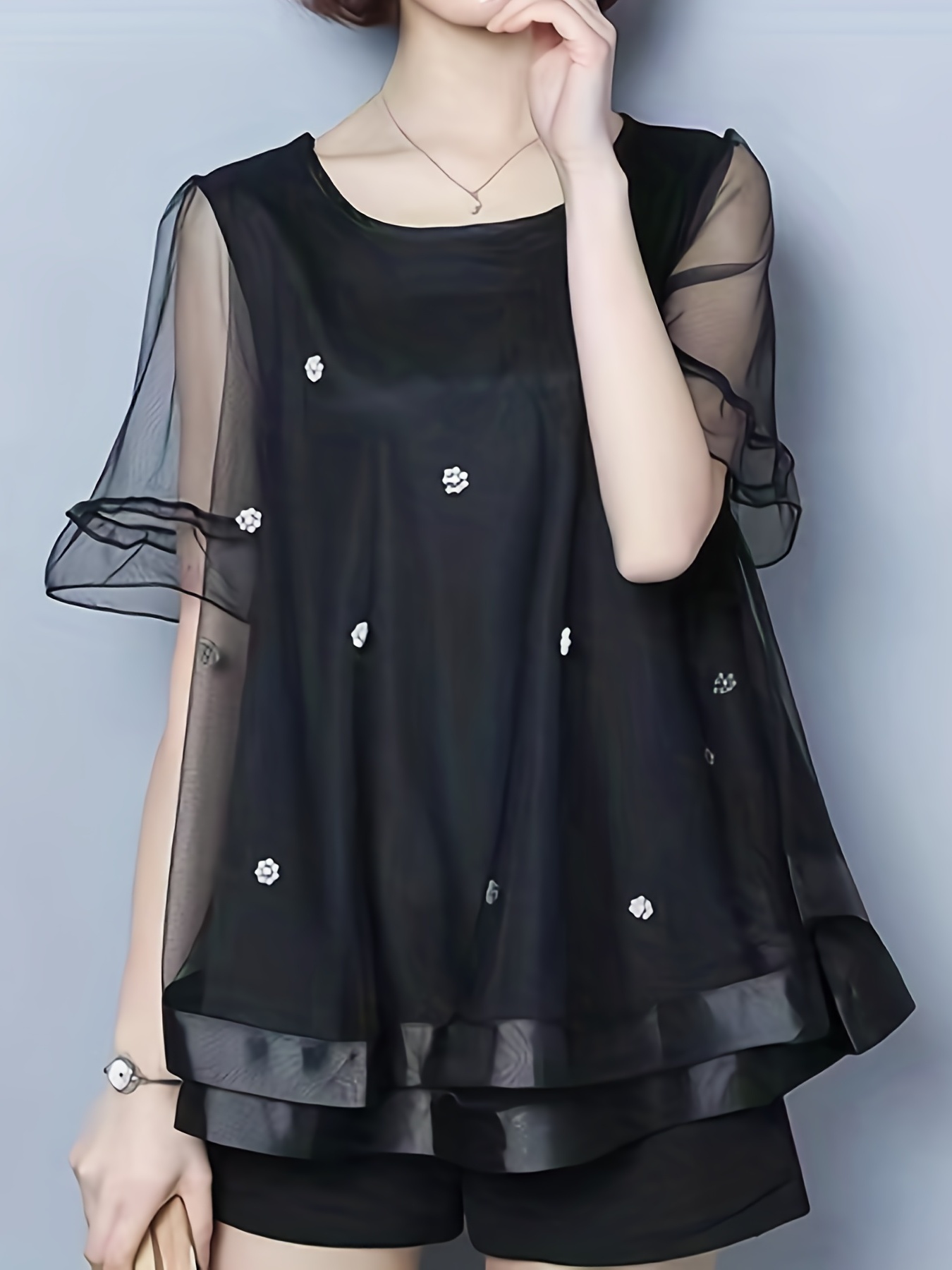 contrast mesh layered blouse seksi crew neck kısa kollu bluz - Temu Austria