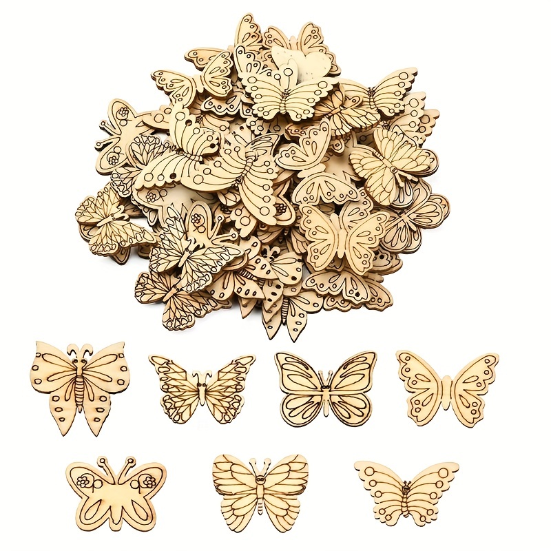 100pcs wooden stars for crafts wooden flowers for crafts Bird Butterfly  Flower