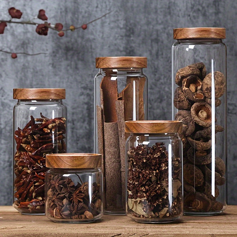 Glass sealed acacia wood jars with lids with small spoons Condiment jars  coffee storage jars Condiment