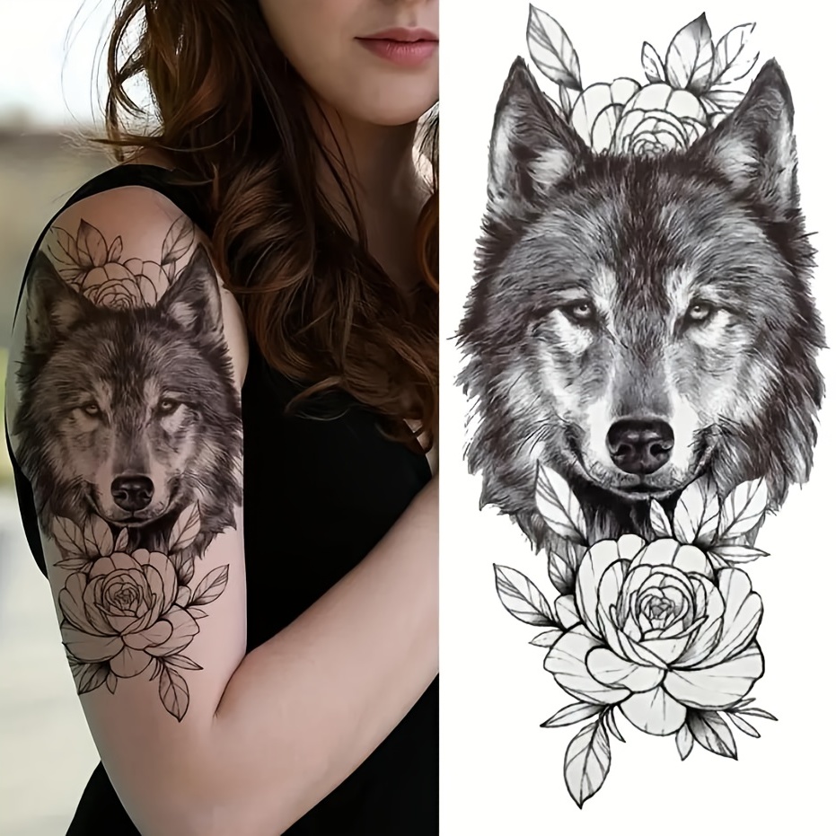 Wolf Head Flower Tattoo Sticker Waterproof Temporary Arm Body Sticker