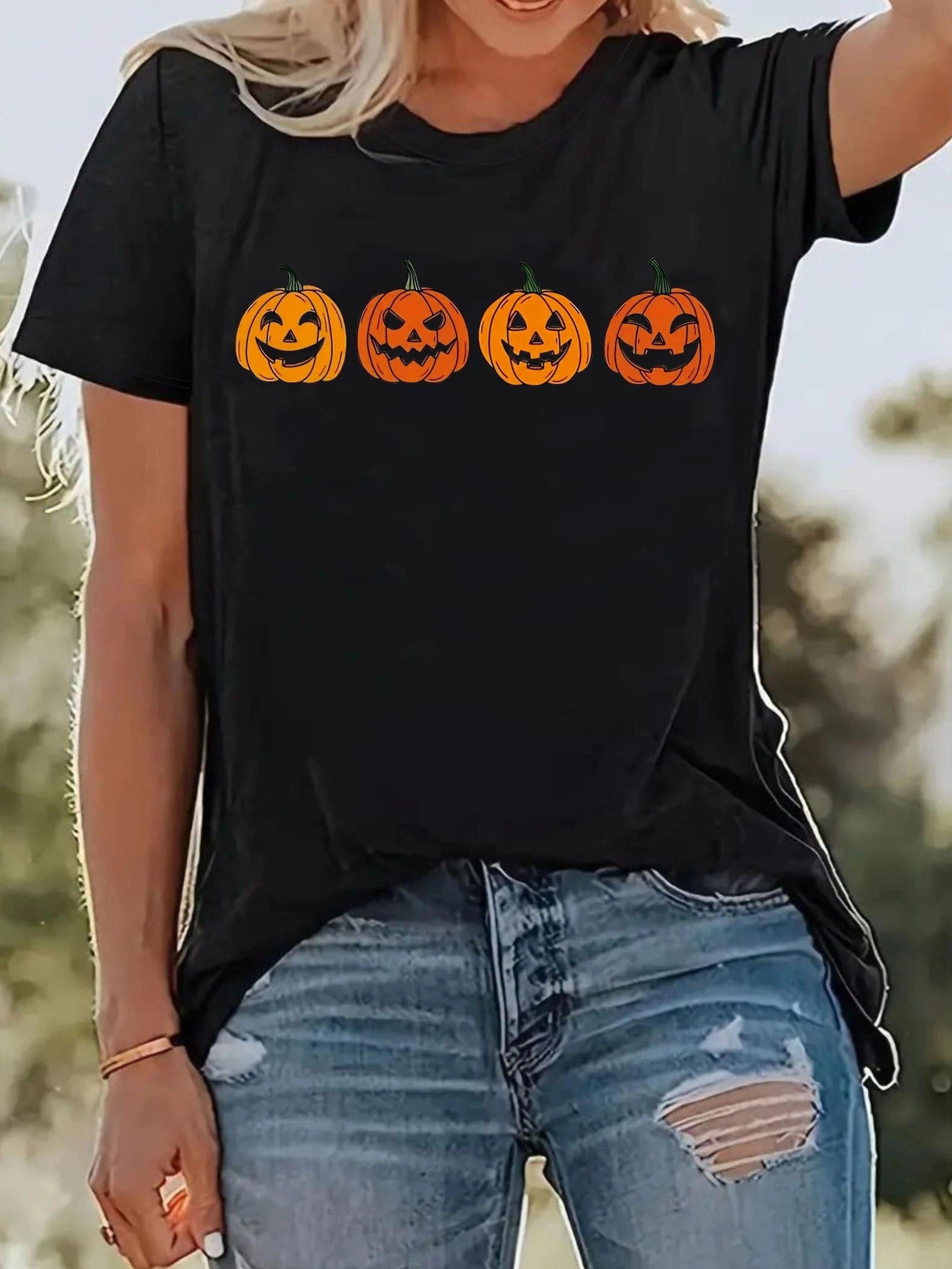 Halloween Cute Pumpkin Print Tee Casual Crew Neck Short - Temu Canada