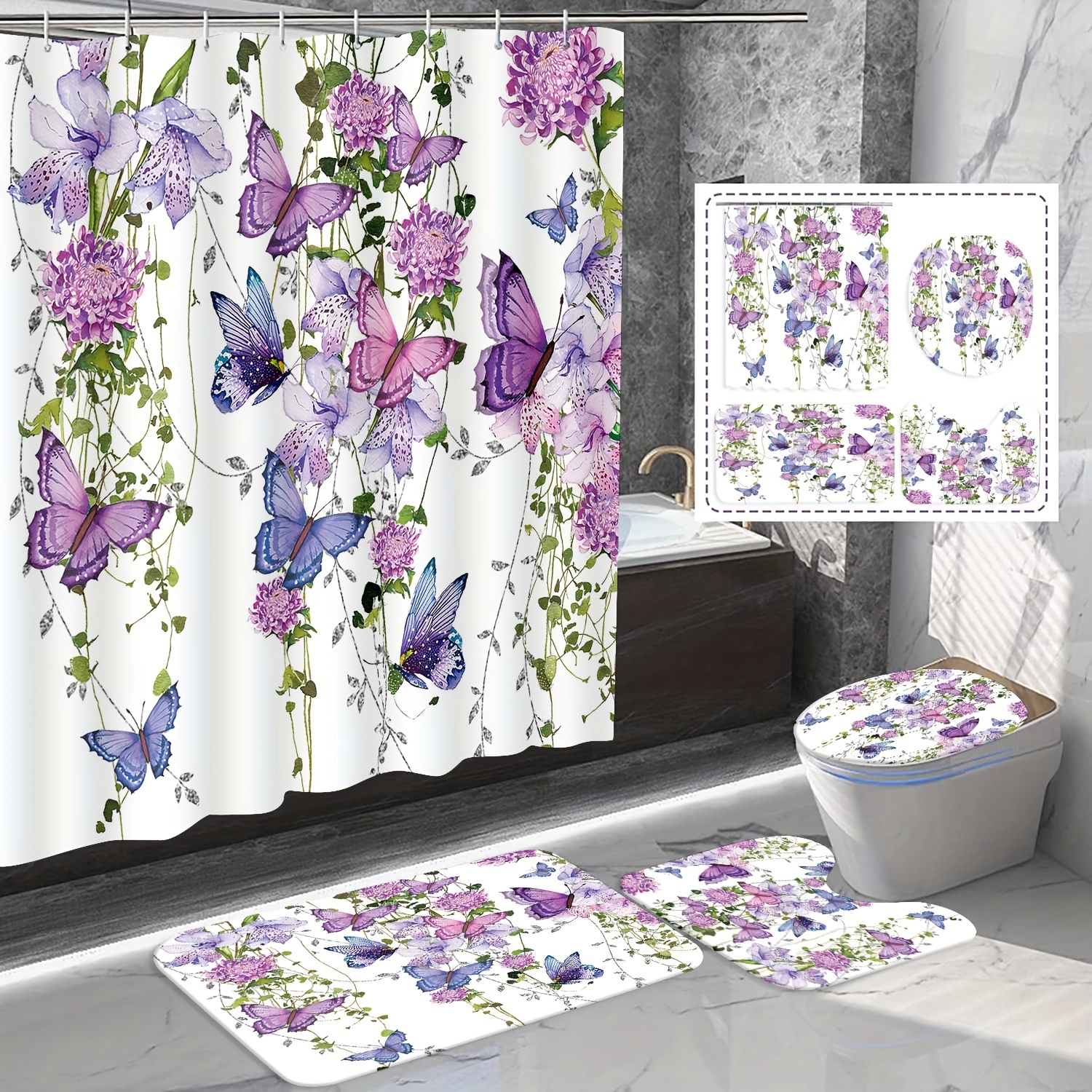 Lavender Print Shower Curtain Set Bath Mats Rugs Flowers Bathroom