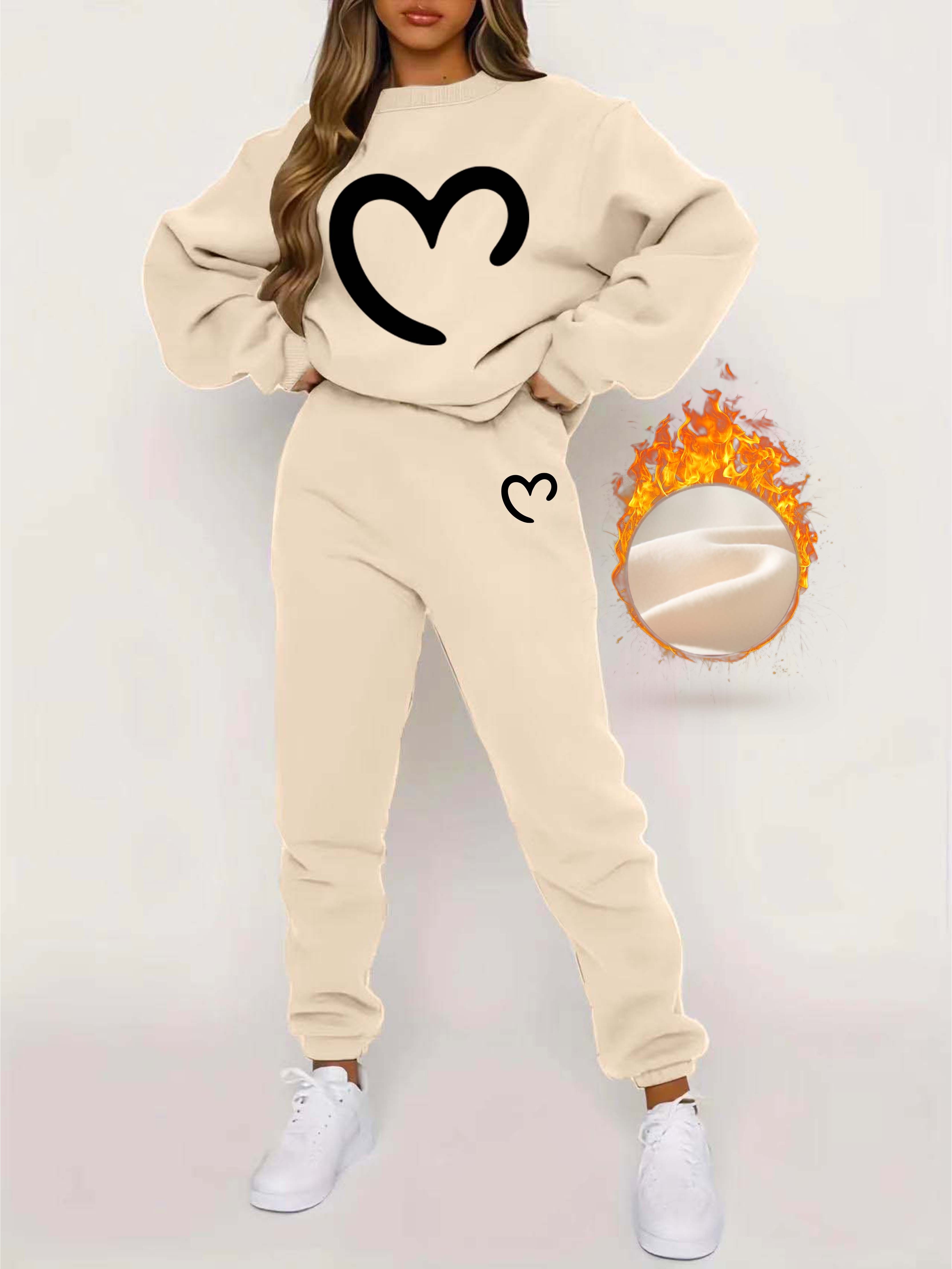 Heart Print Fleece Two piece Set Casual Long Sleeve - Temu